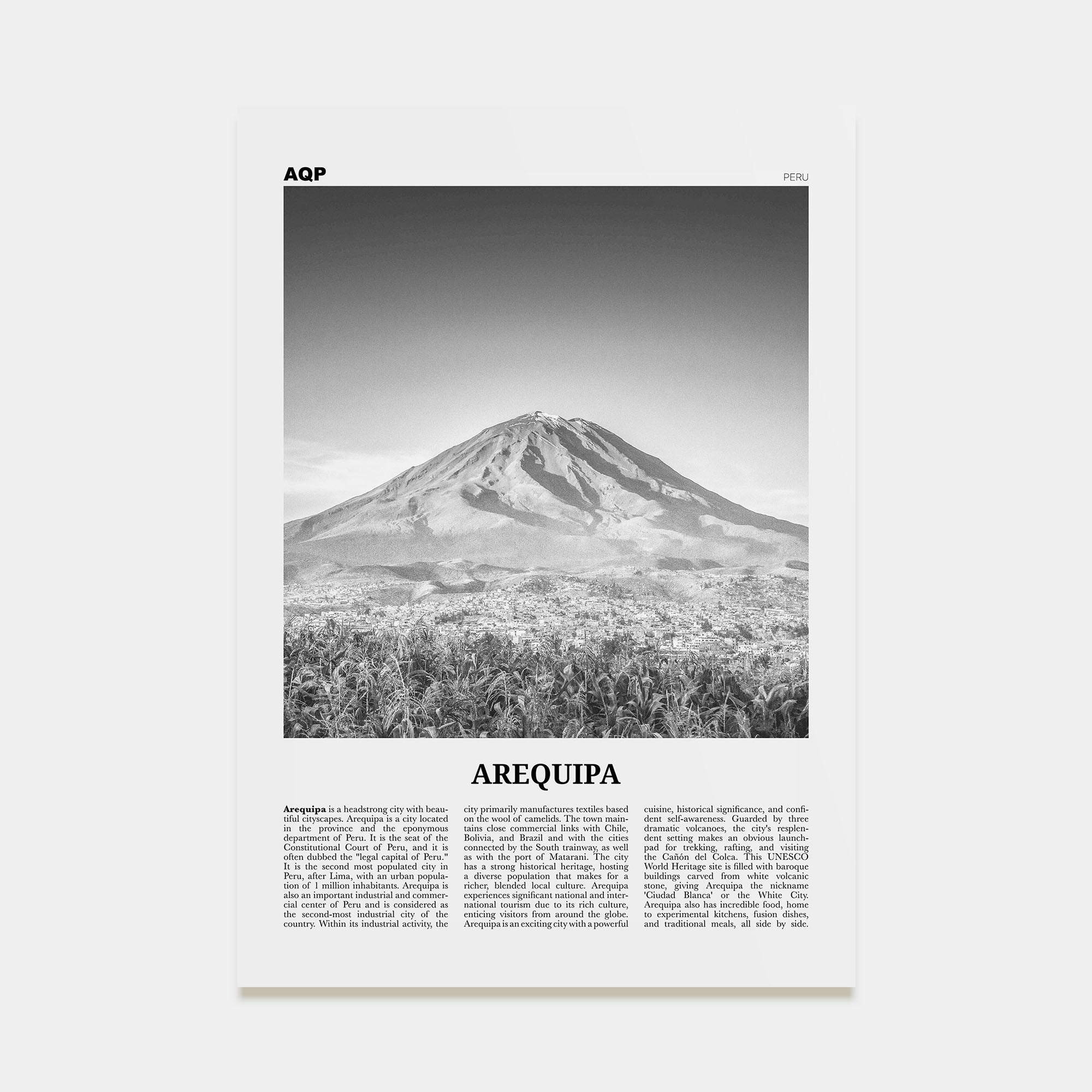 Arequipa Travel B&W Poster