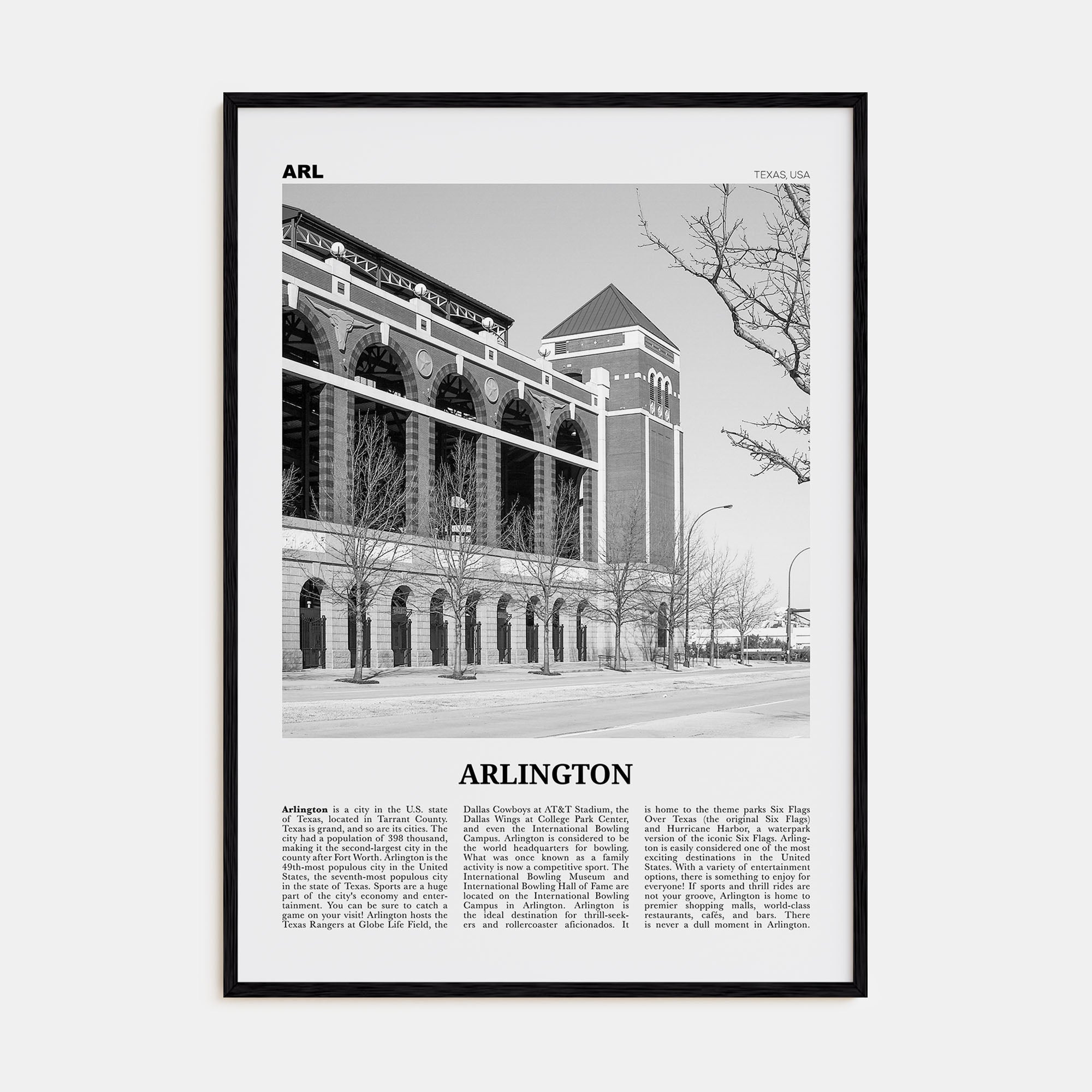 Arlington, Texas Travel B&W Poster