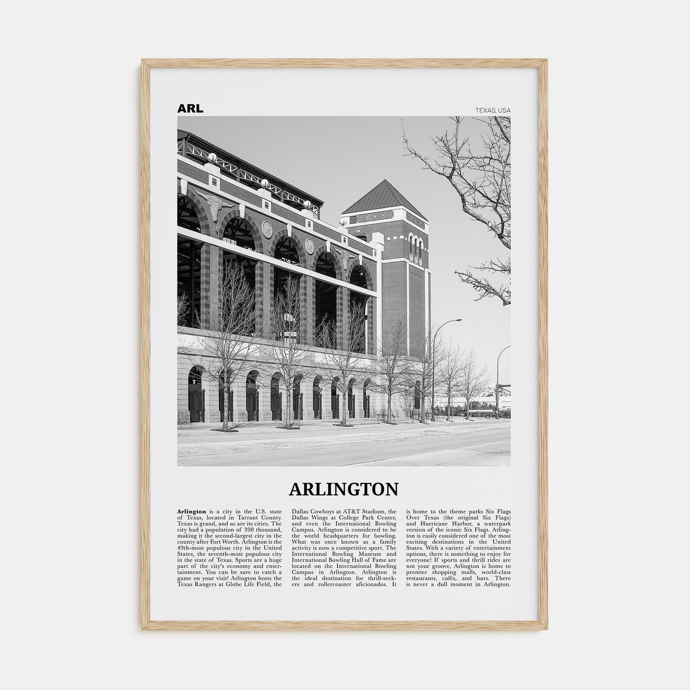 Arlington, Texas Travel B&W Poster