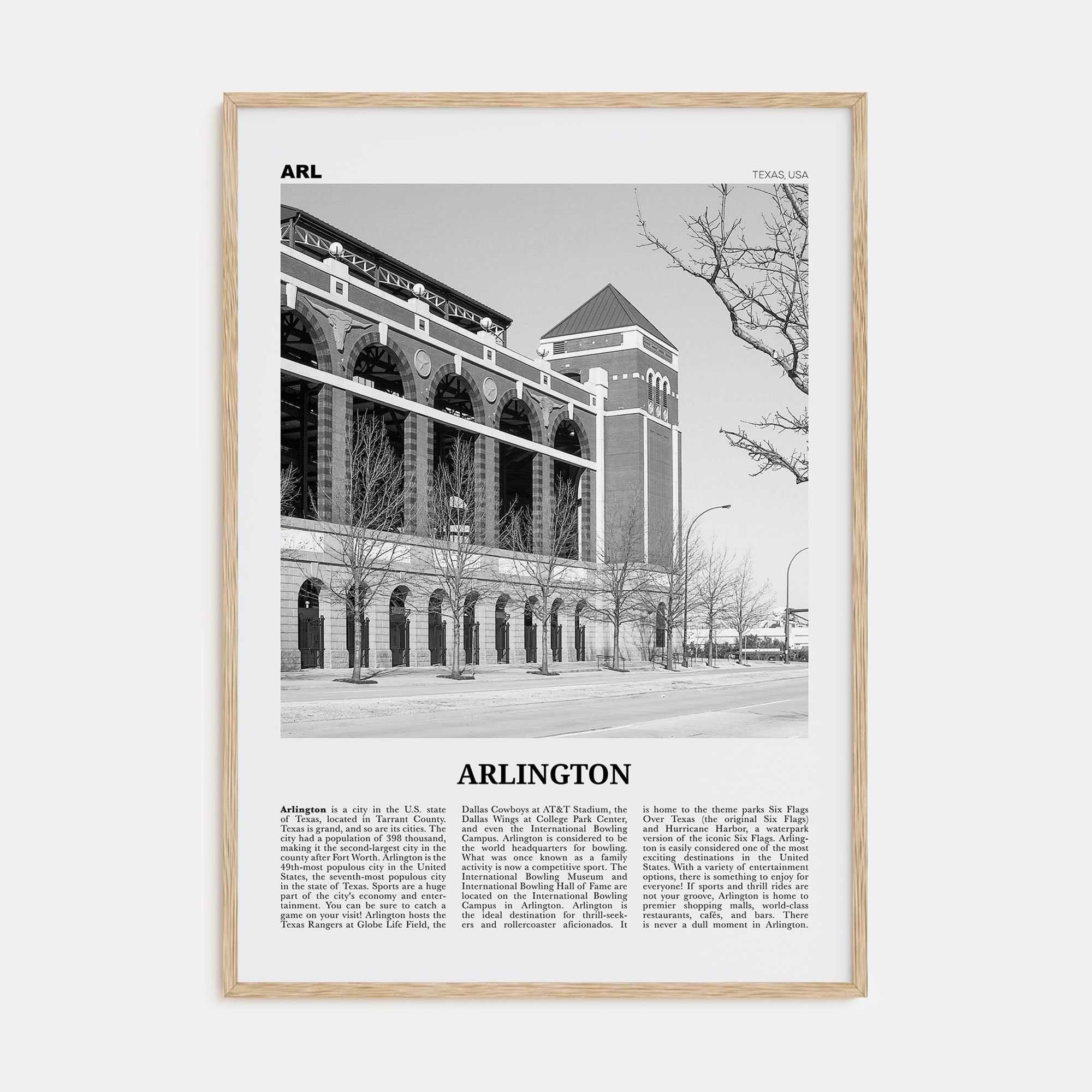 Arlington, Texas Travel B&W Poster