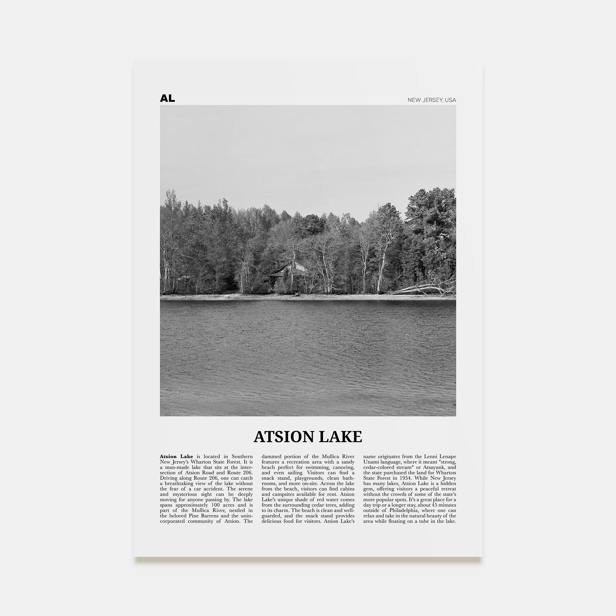 Atsion Lake Travel B&W Poster