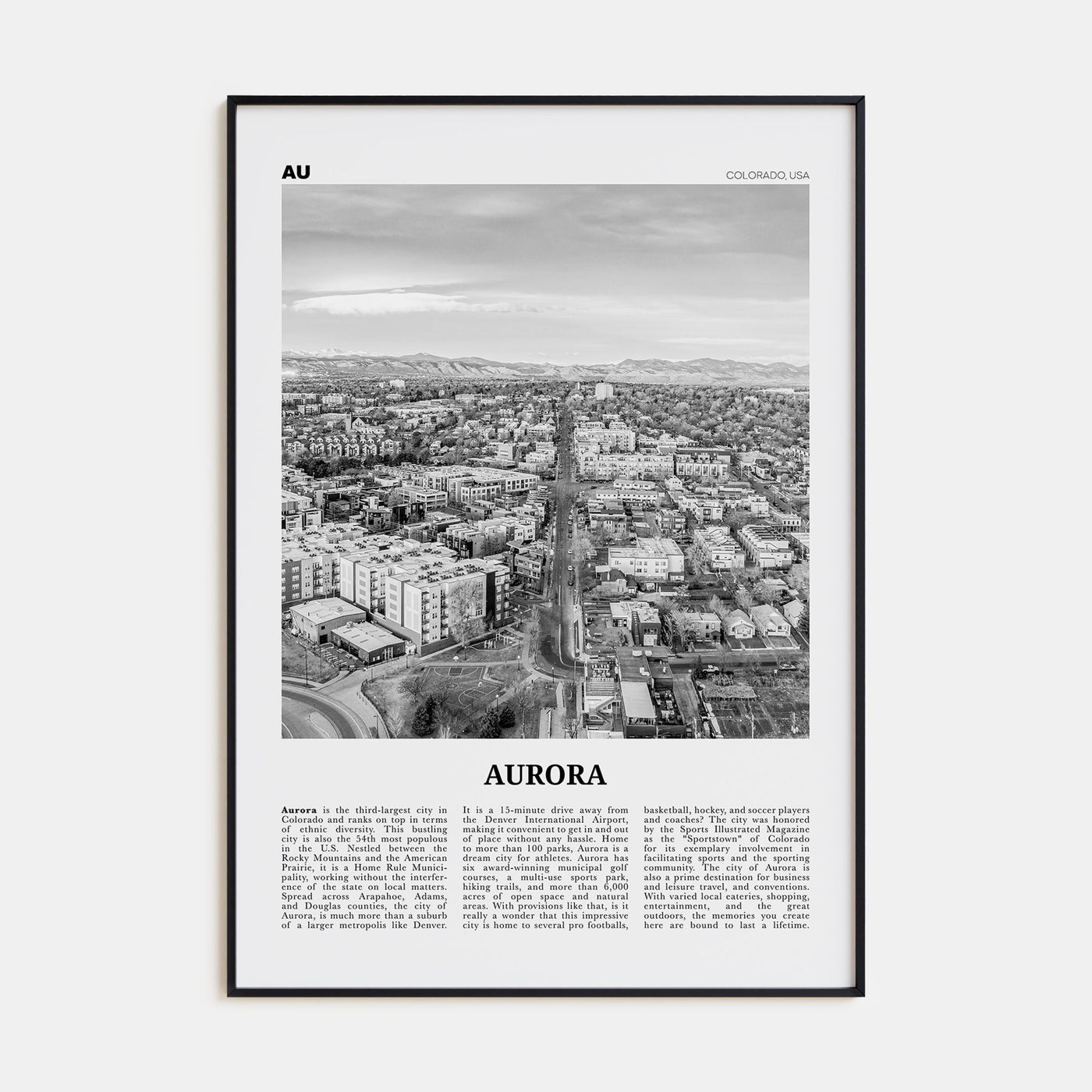 Aurora, Colorado Travel B&W Poster
