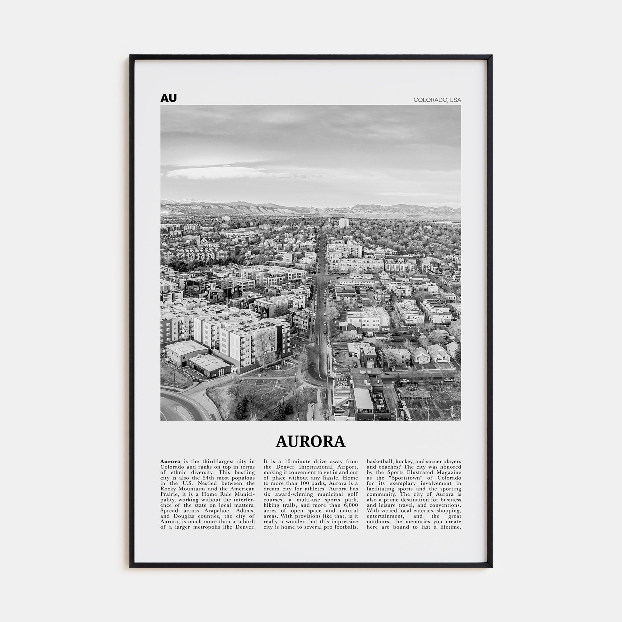 Aurora, Colorado Travel B&W Poster