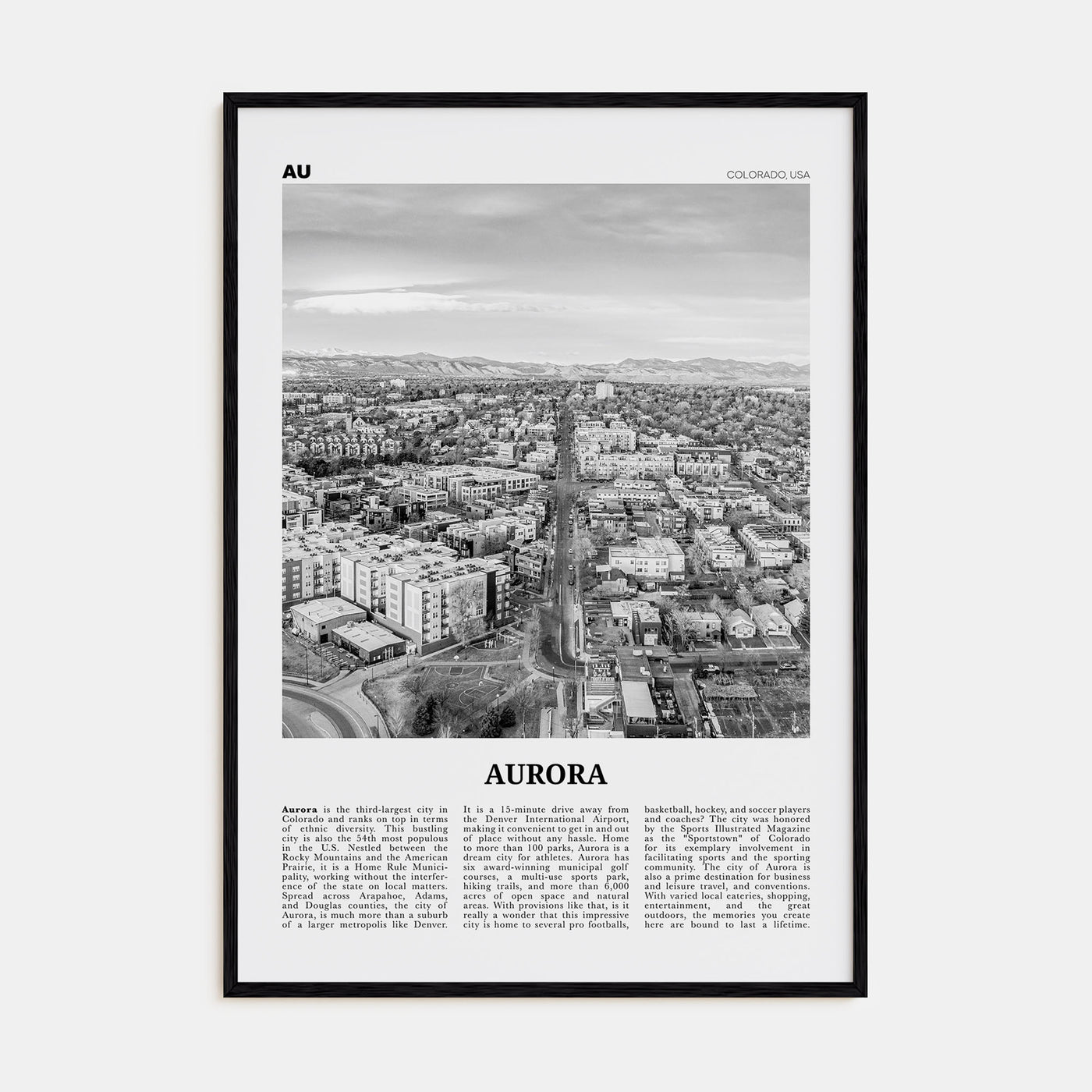 Aurora, Colorado Travel B&W Poster