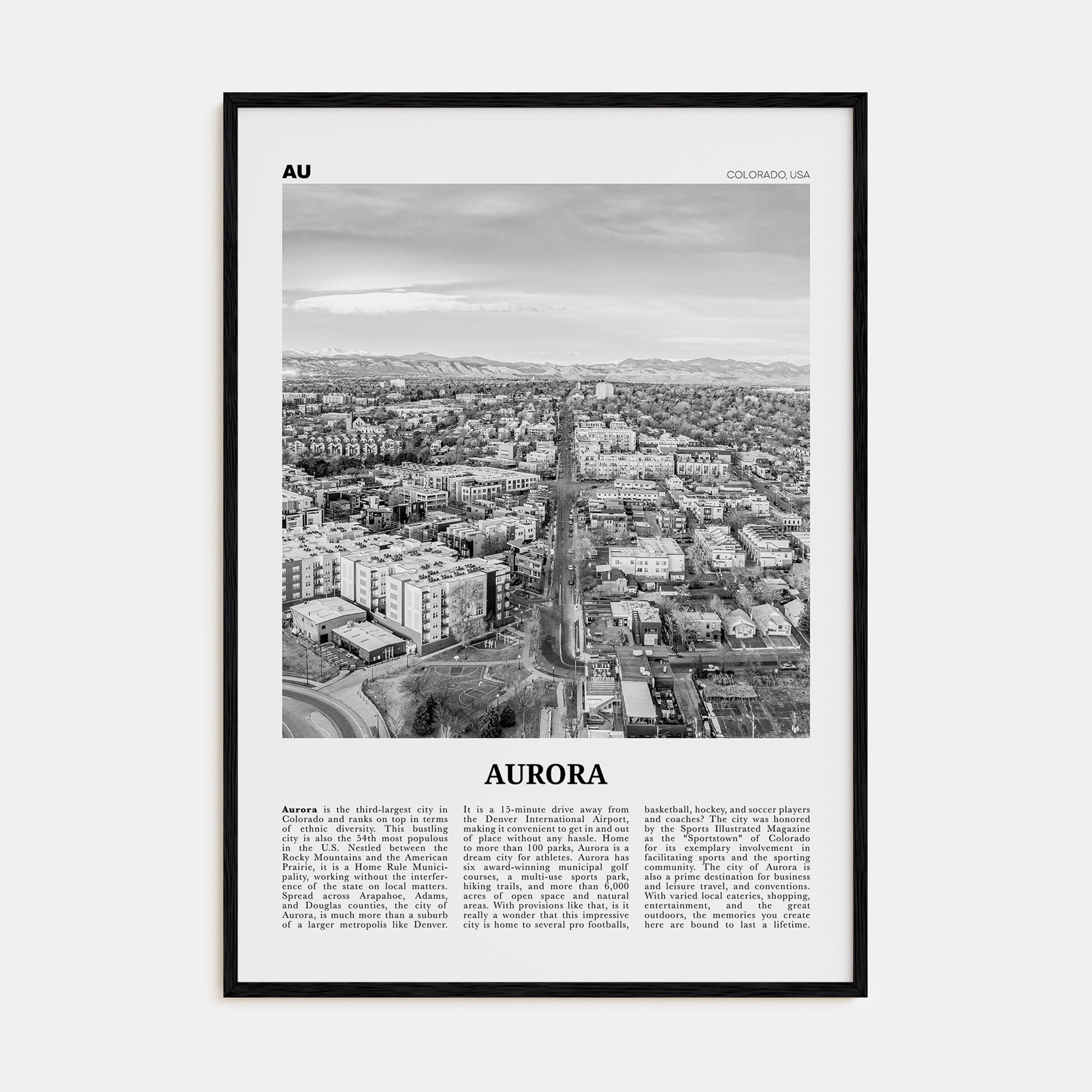 Aurora, Colorado Travel B&W Poster