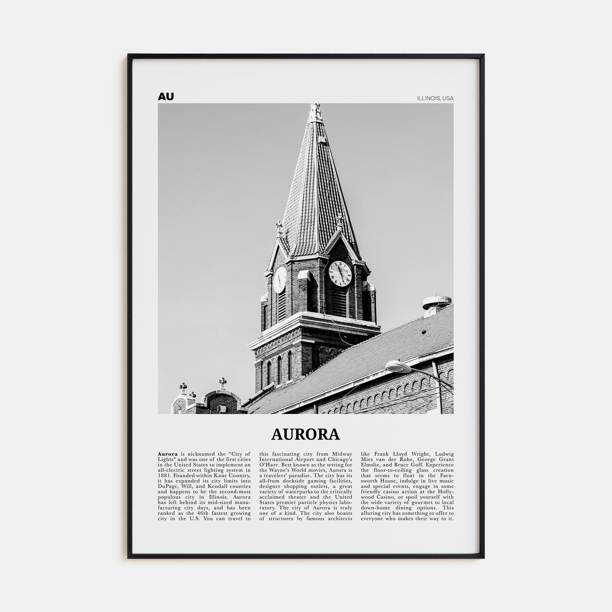 Aurora, Illinois Travel B&W Poster