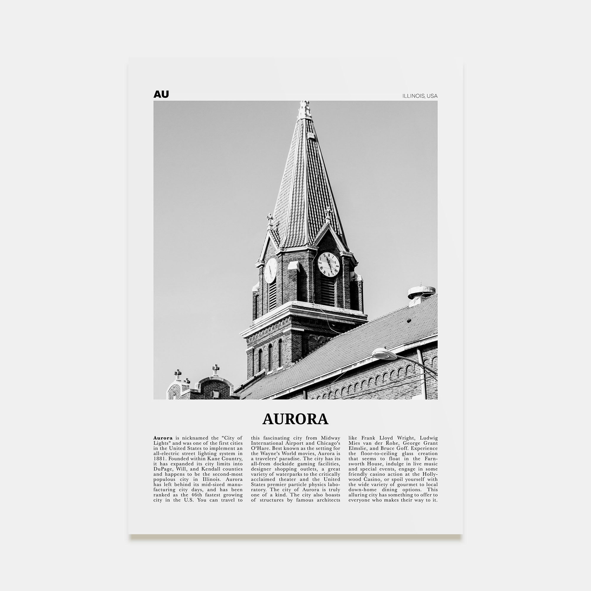 Aurora, Illinois Travel B&W Poster