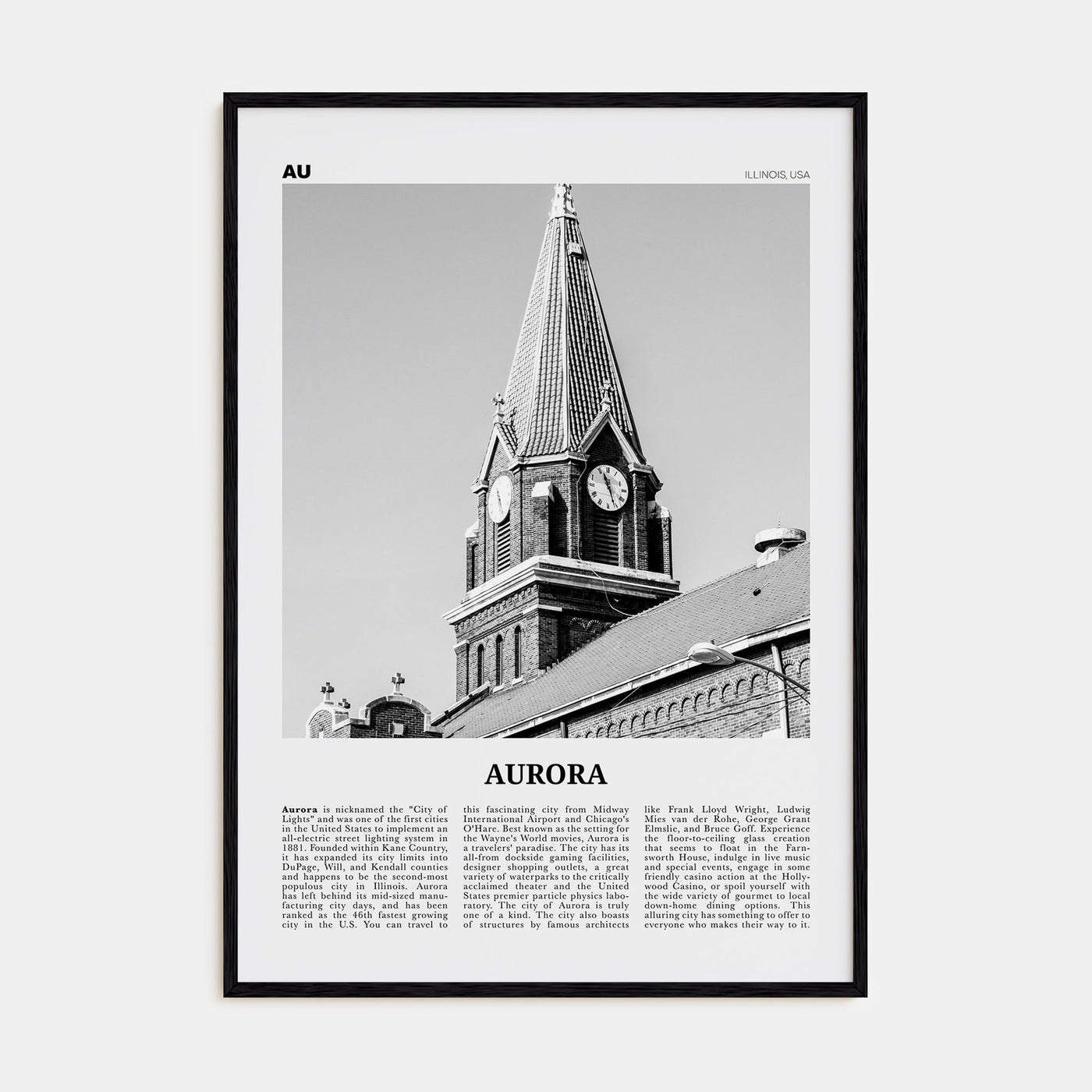 Aurora, Illinois Travel B&W Poster