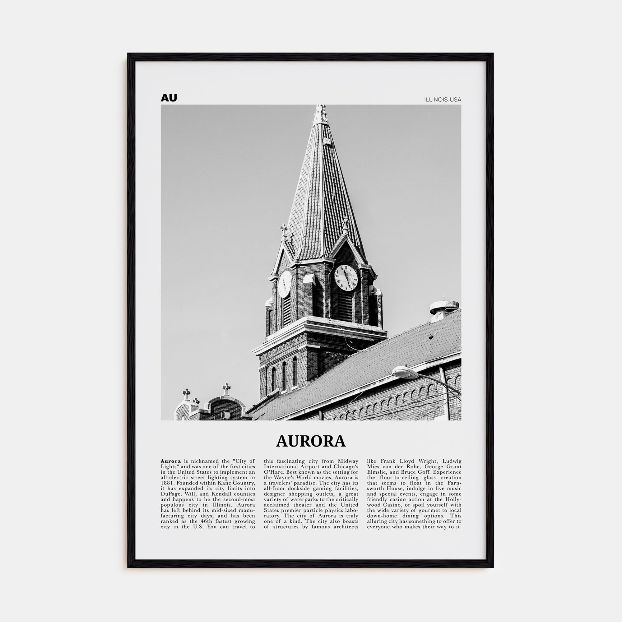 Aurora, Illinois Travel B&W Poster