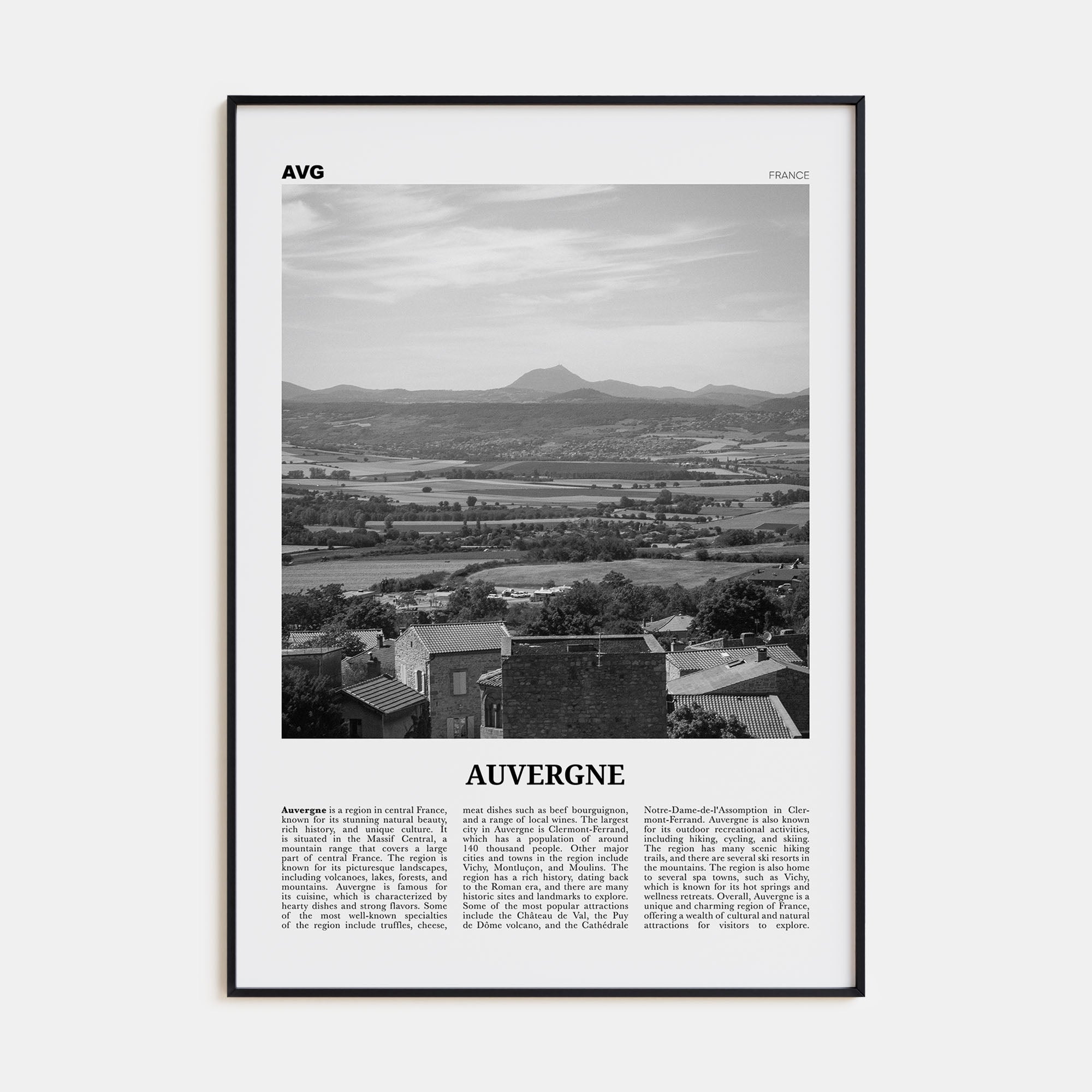 Auvergne Travel B&W Poster