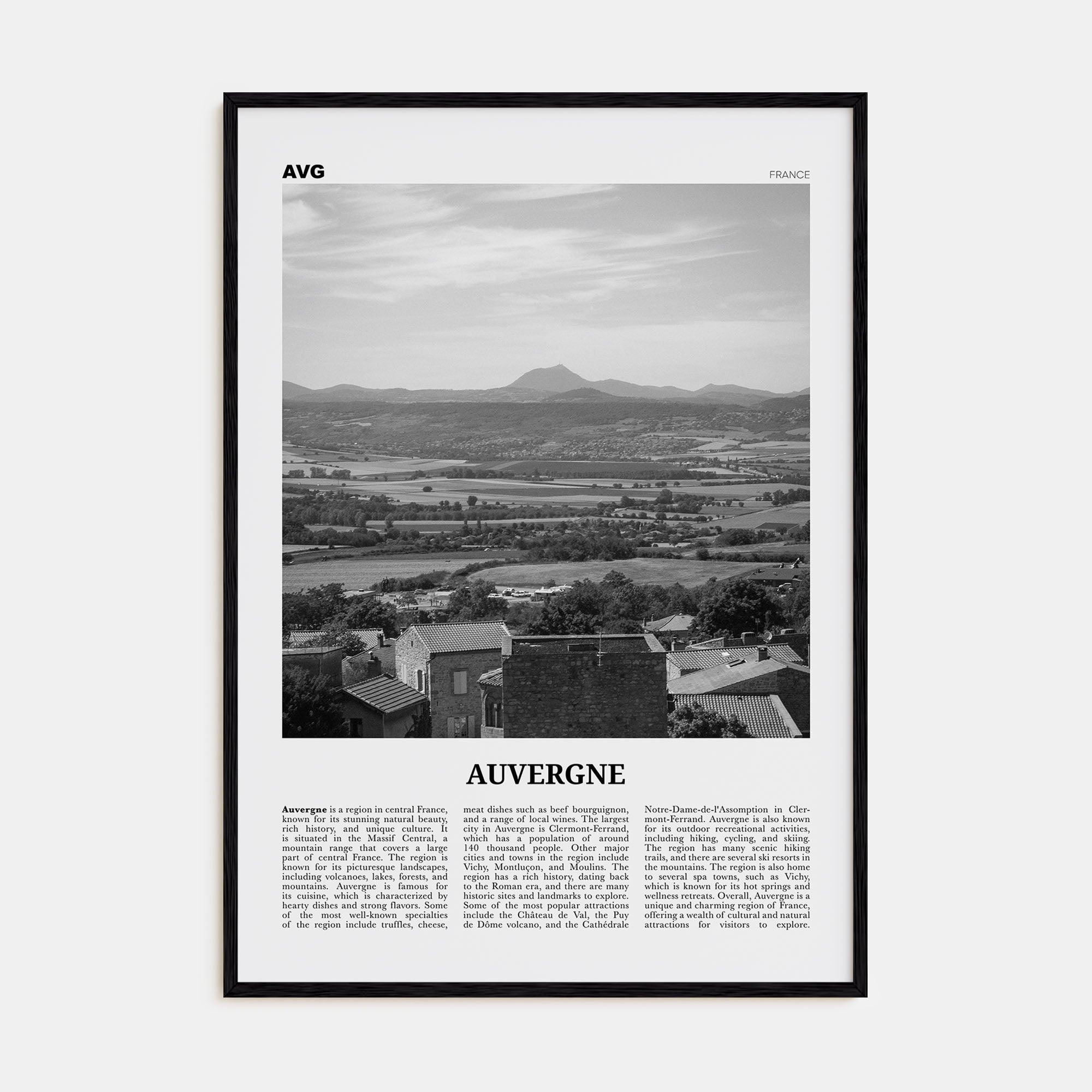 Auvergne Travel B&W Poster