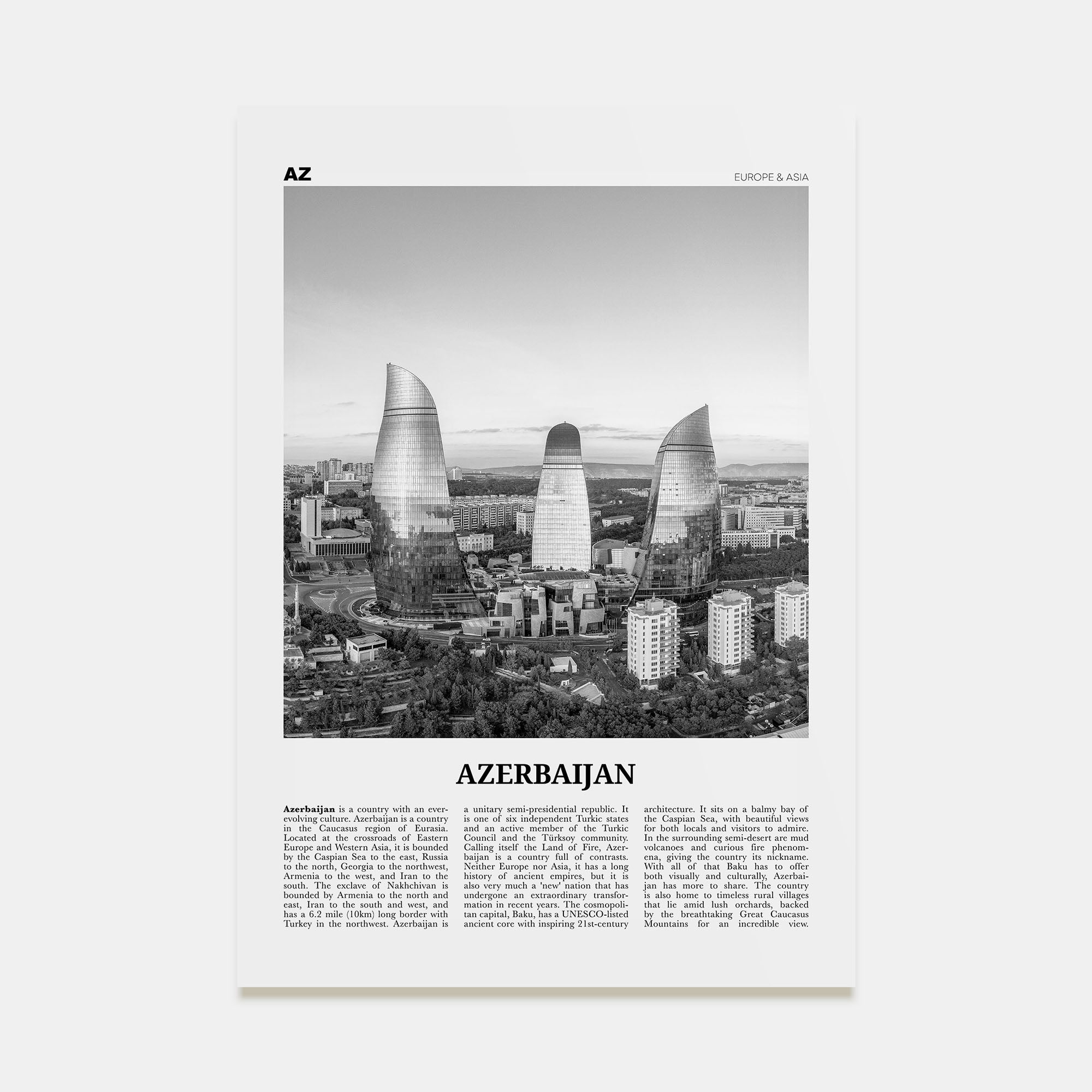 Azerbaijan Travel B&W Poster