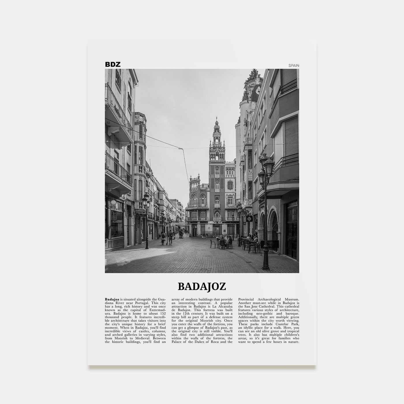 Badajoz Travel B&W Poster