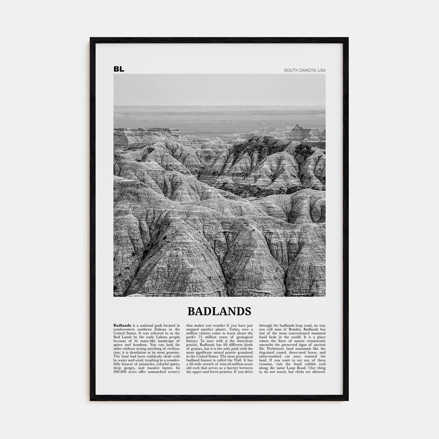Badlands National Park Travel B&W Poster