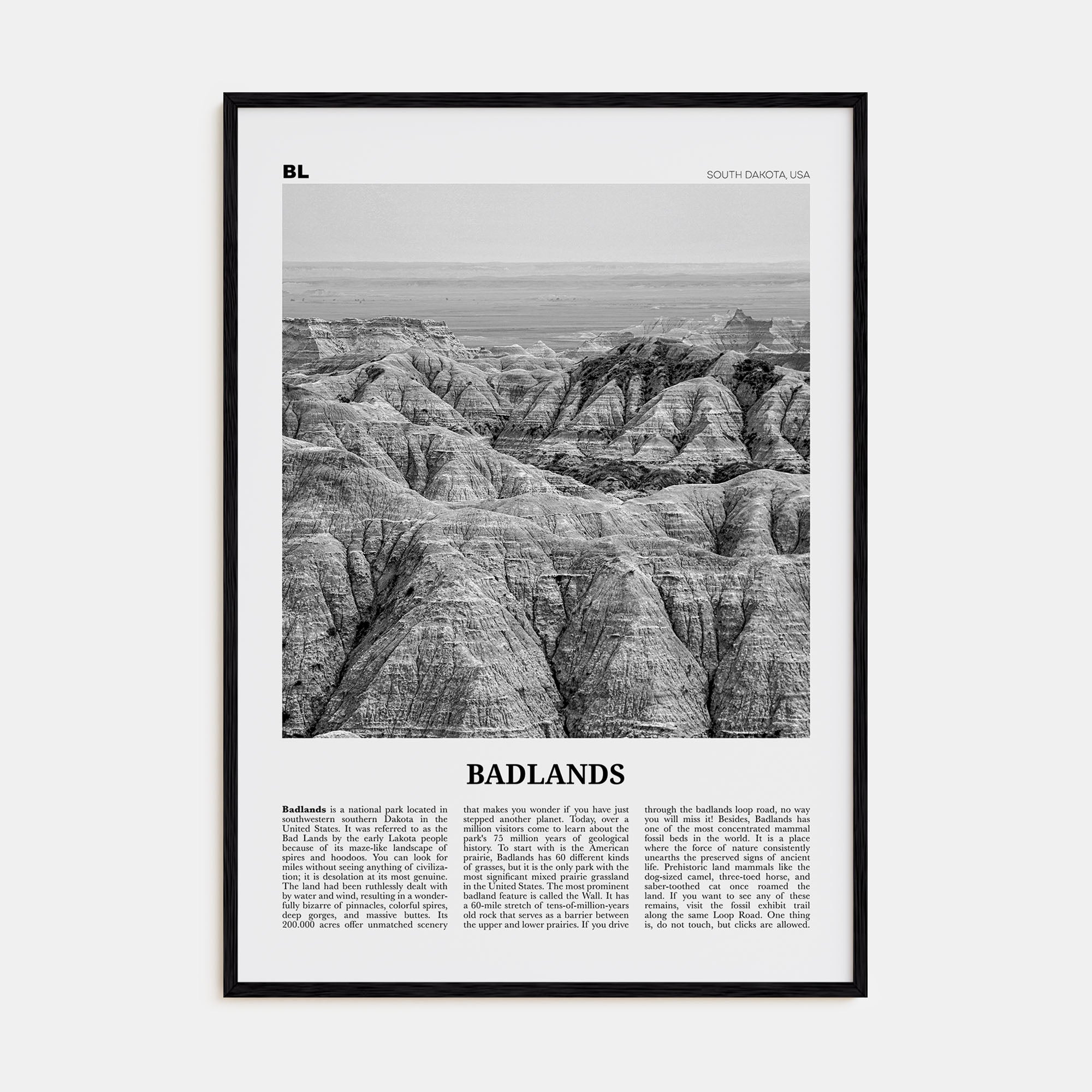 Badlands National Park Travel B&W Poster