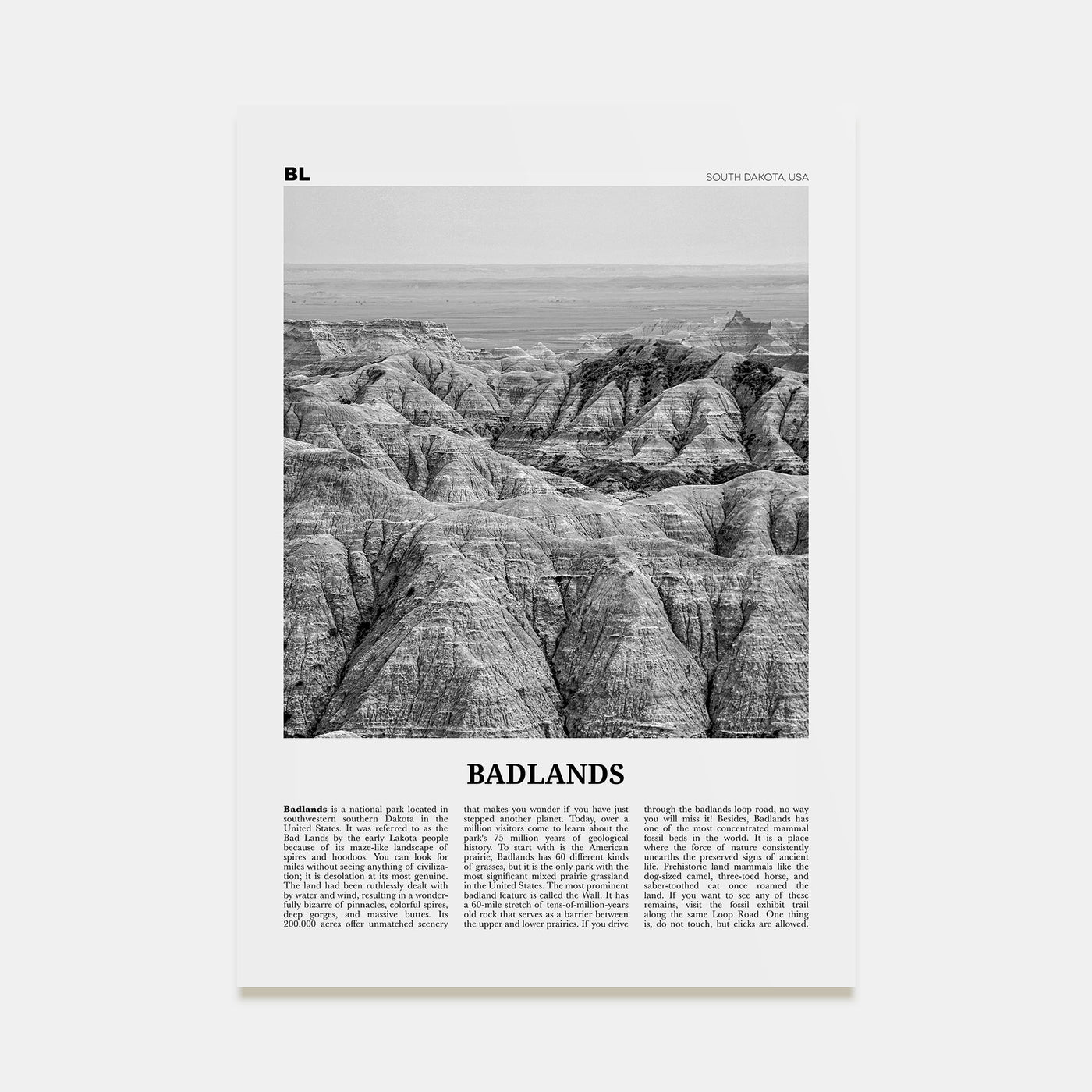 Badlands National Park Travel B&W Poster