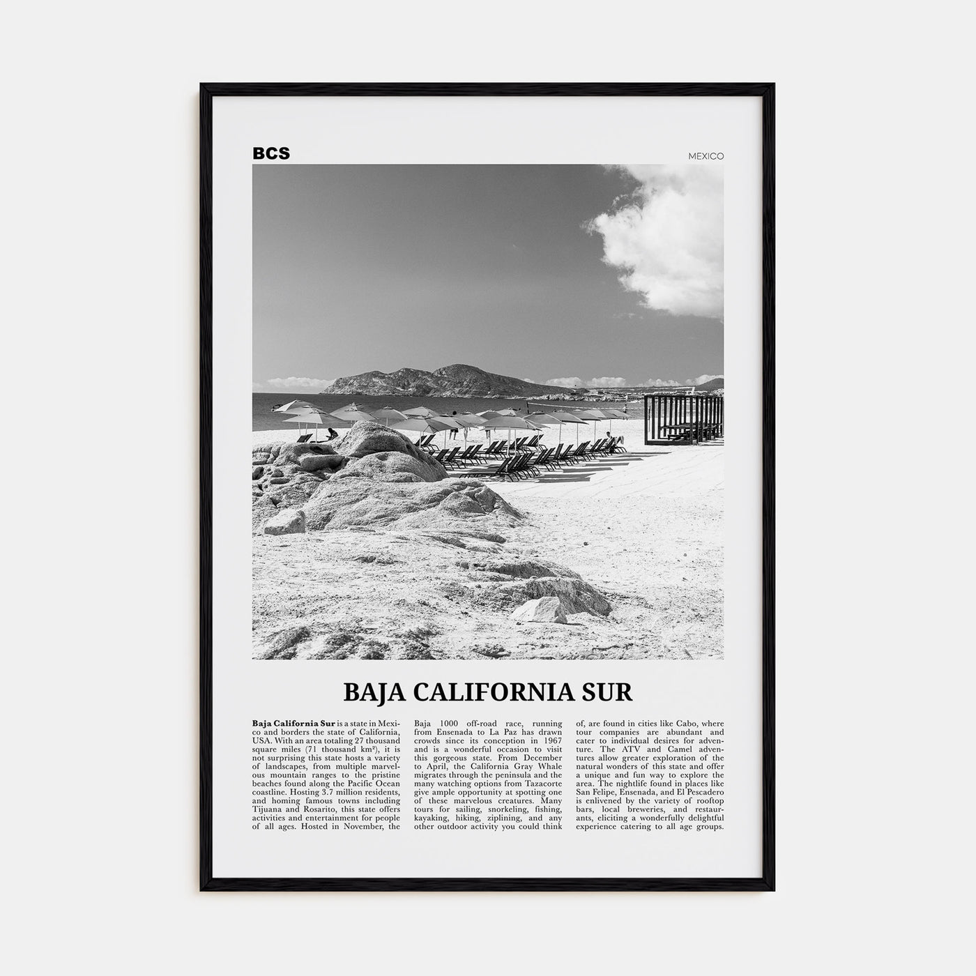 Baja California Sur Travel B&W Poster