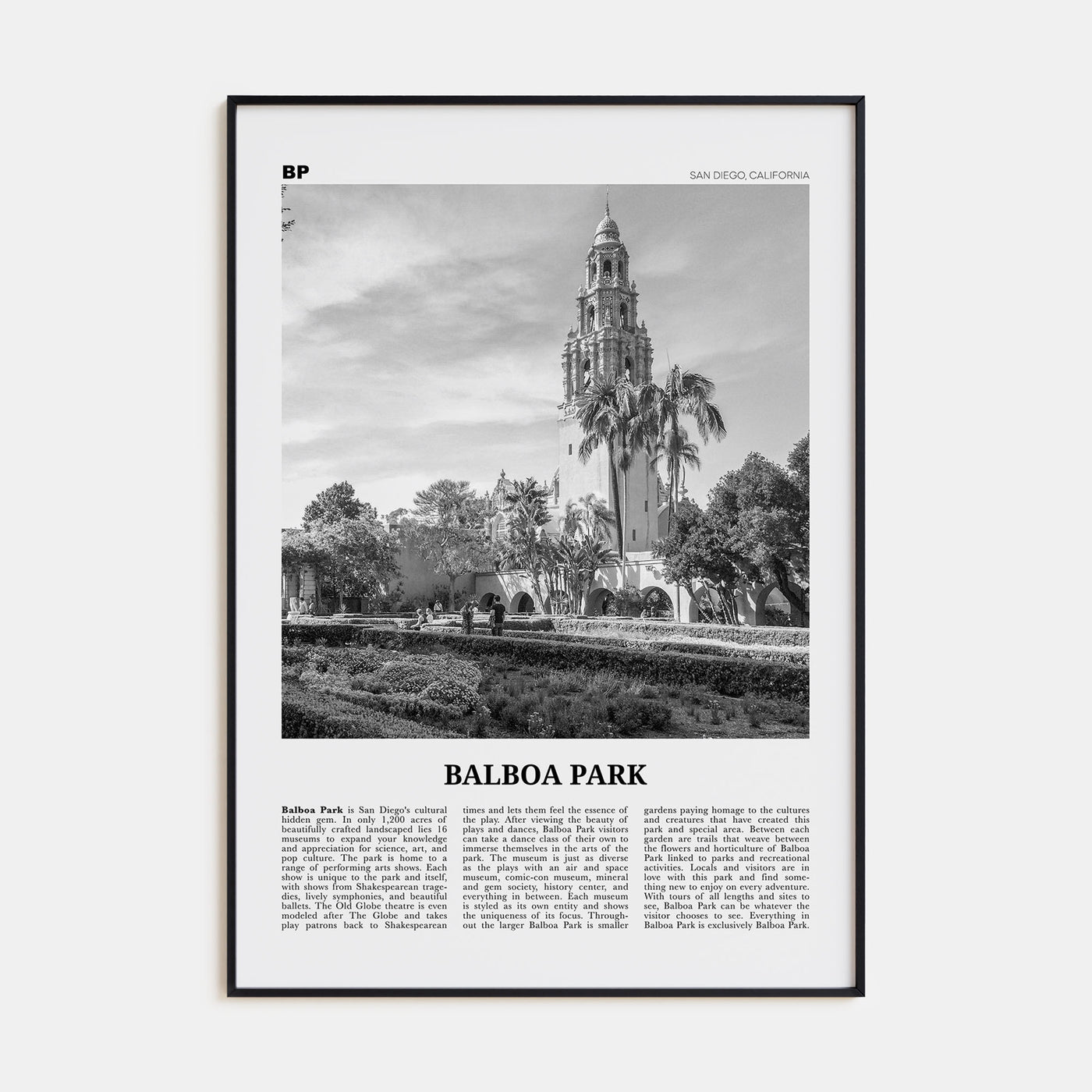 Balboa Park Travel B&W Poster