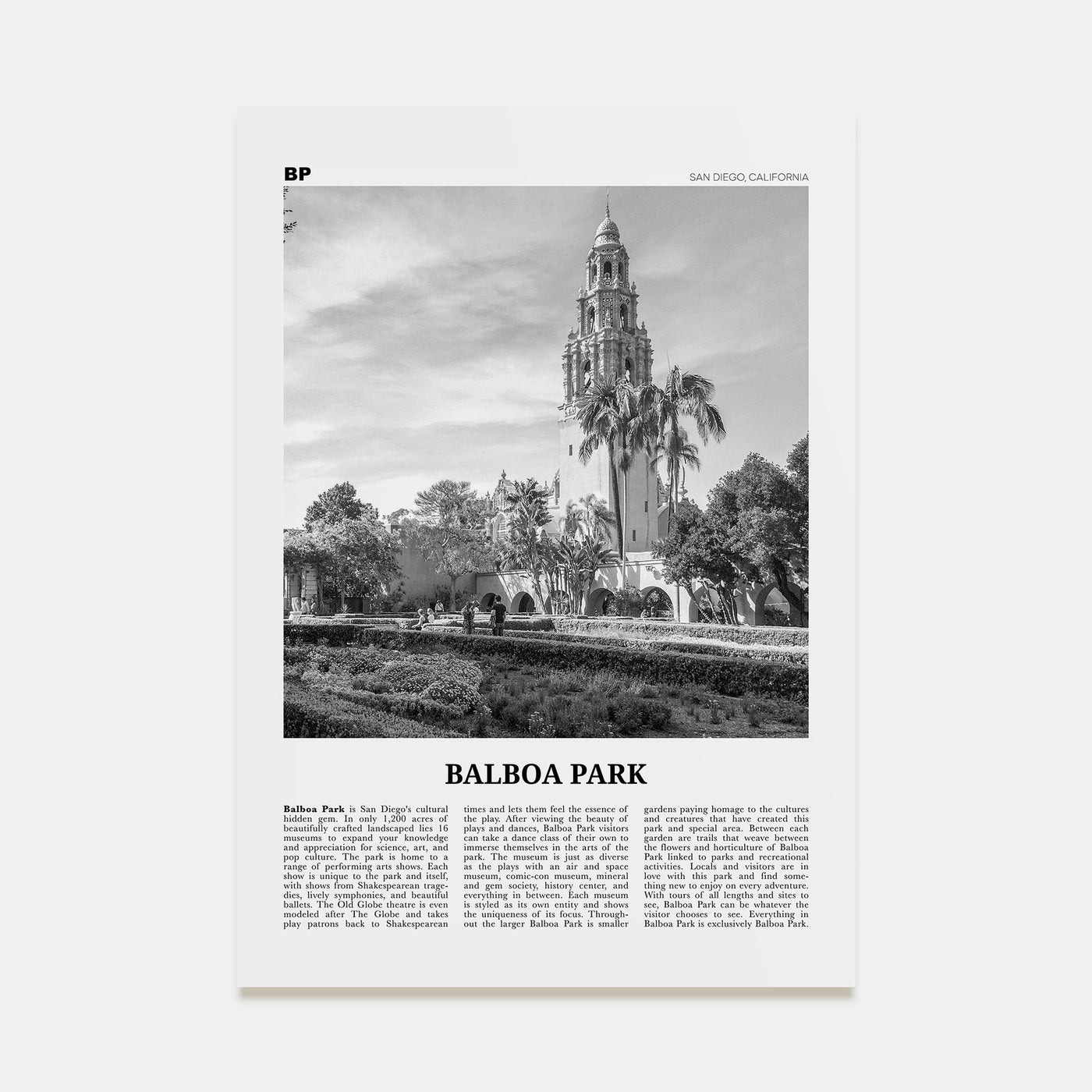 Balboa Park Travel B&W Poster