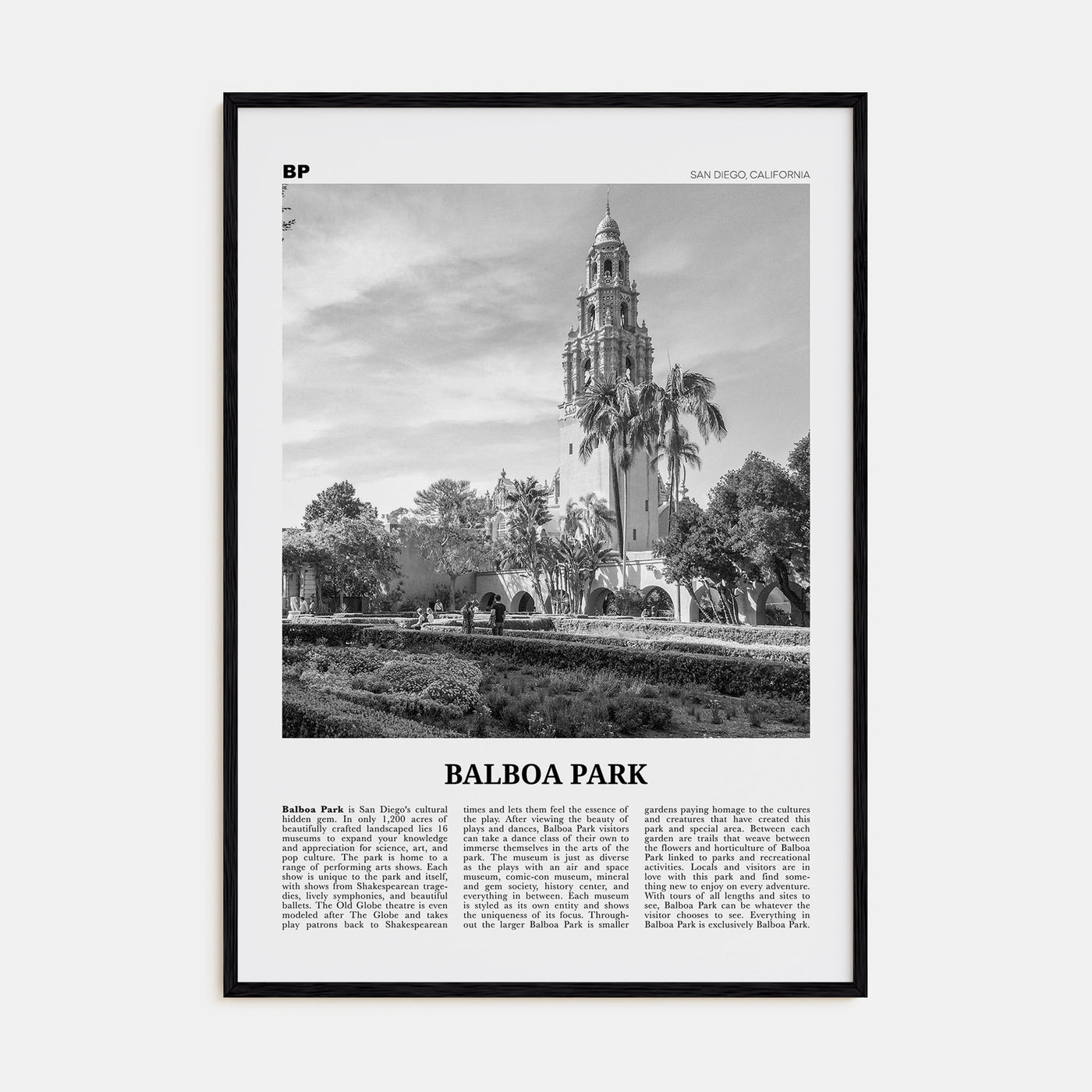 Balboa Park Travel B&W Poster