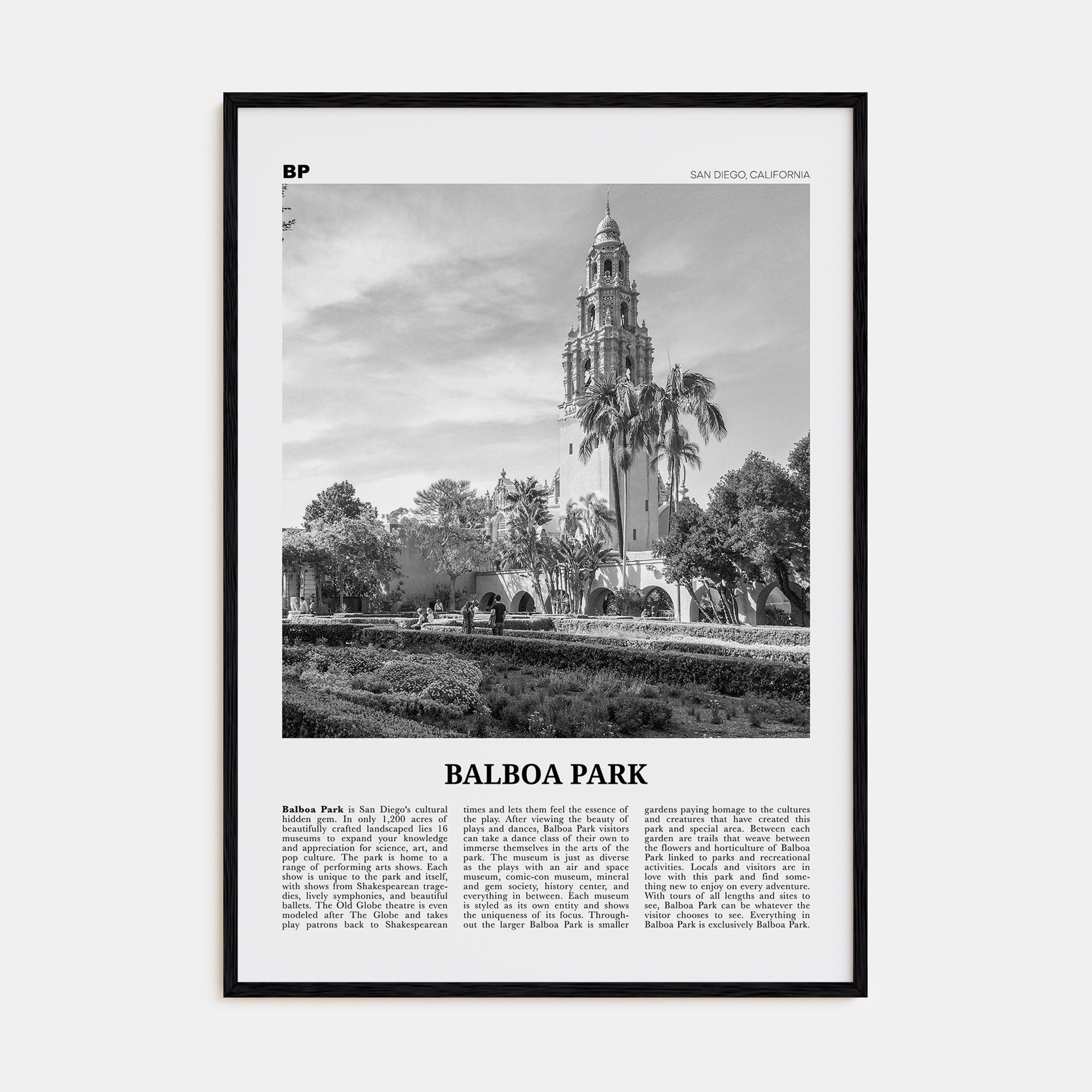 Balboa Park Travel B&W Poster