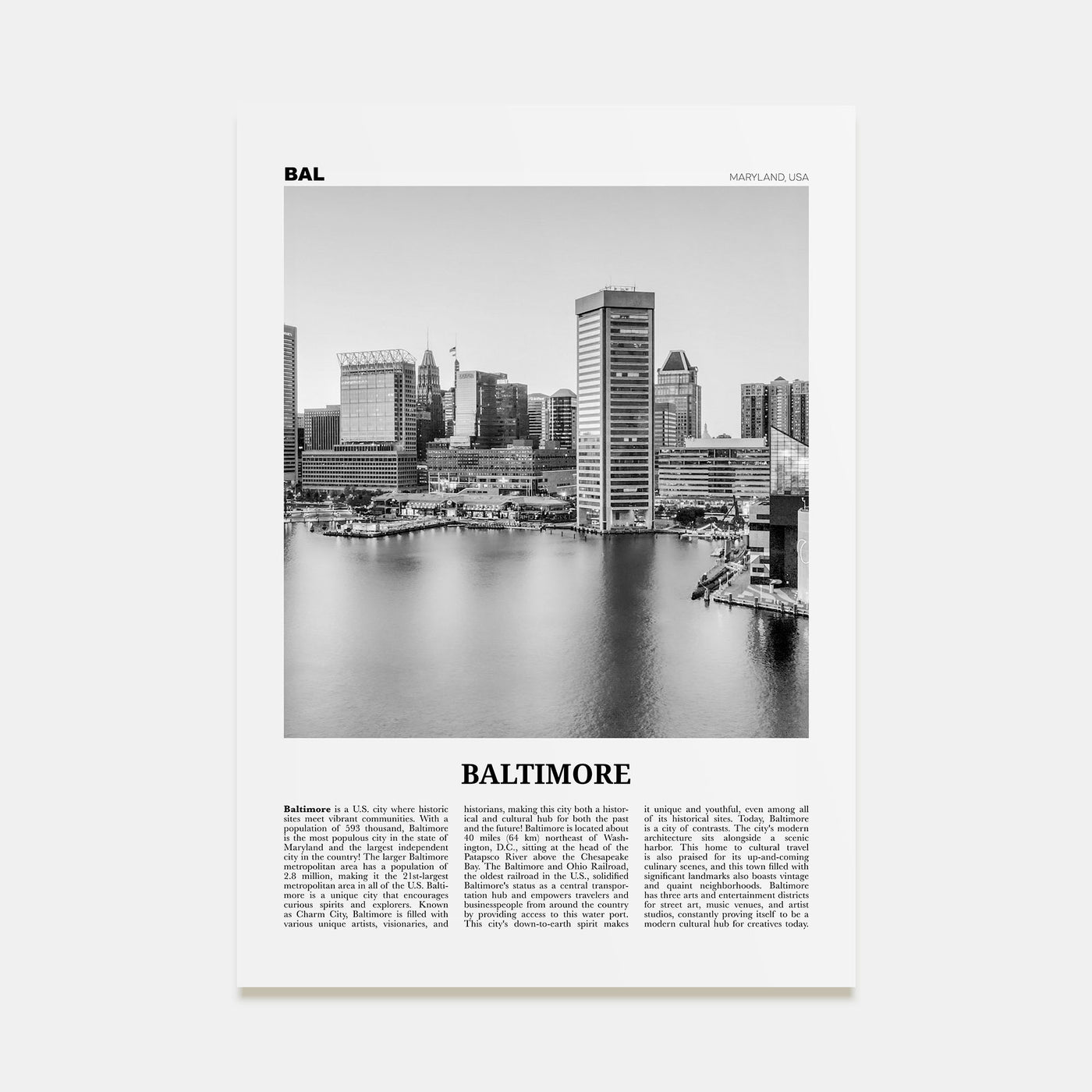 Baltimore Travel B&W No 1 Poster