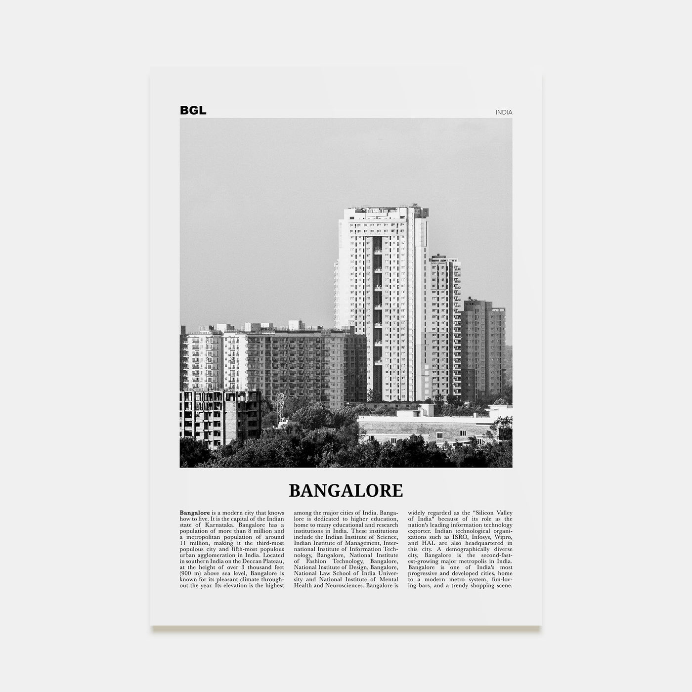 Bangalore Travel B&W Poster