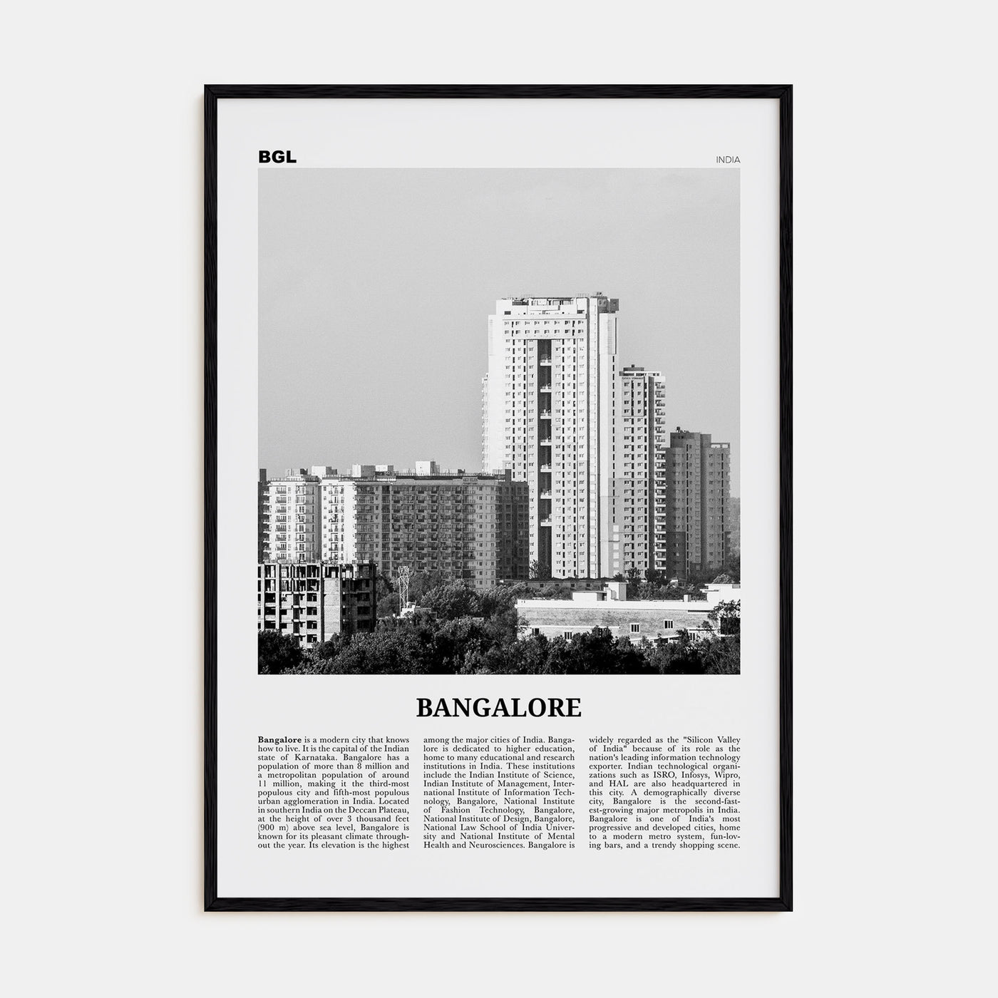Bangalore Travel B&W Poster
