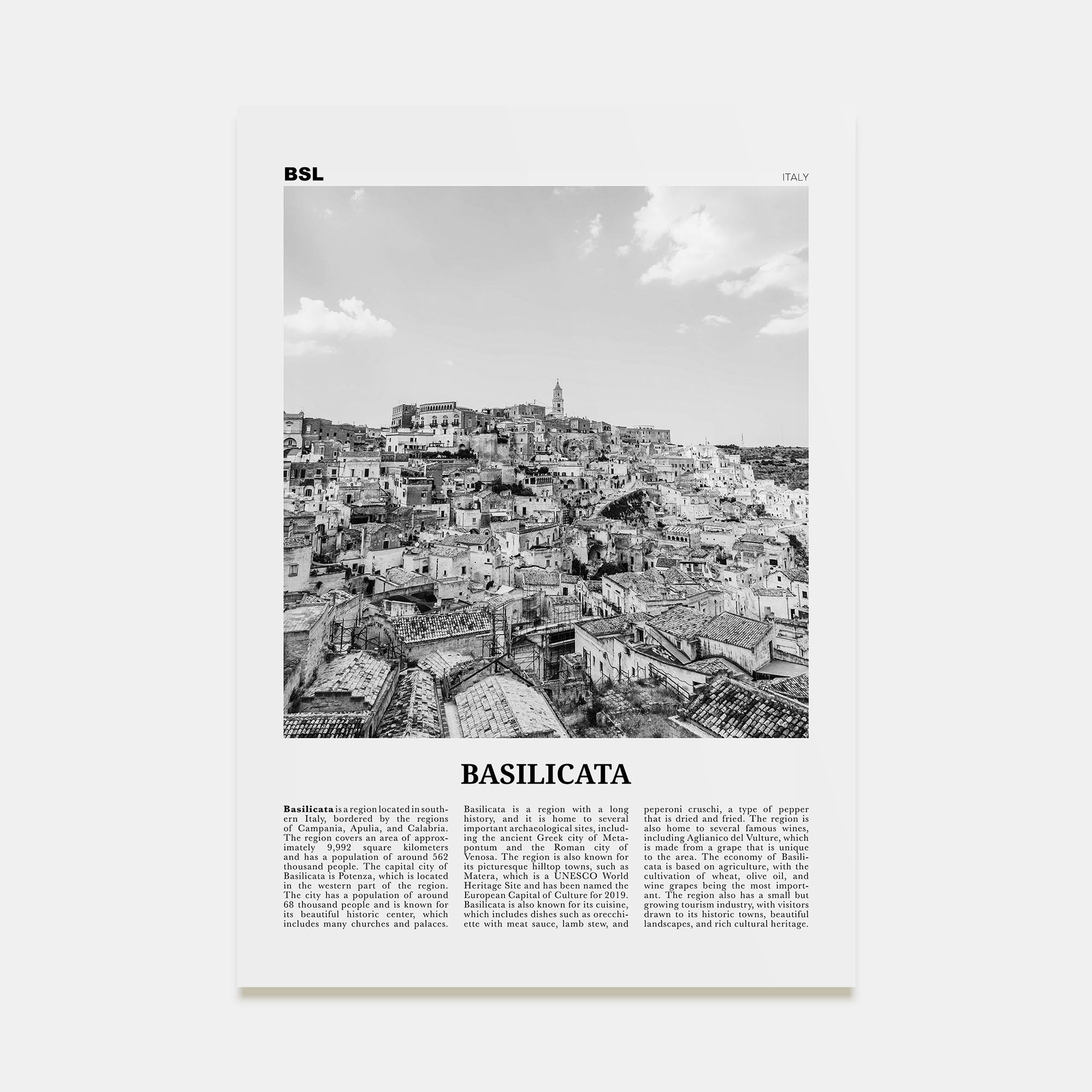 Basilicata Travel B&W Poster