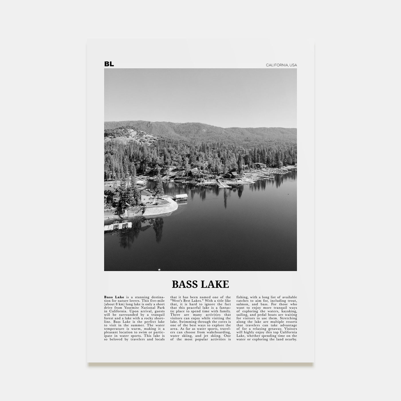 Bass Lake Travel B&W Poster