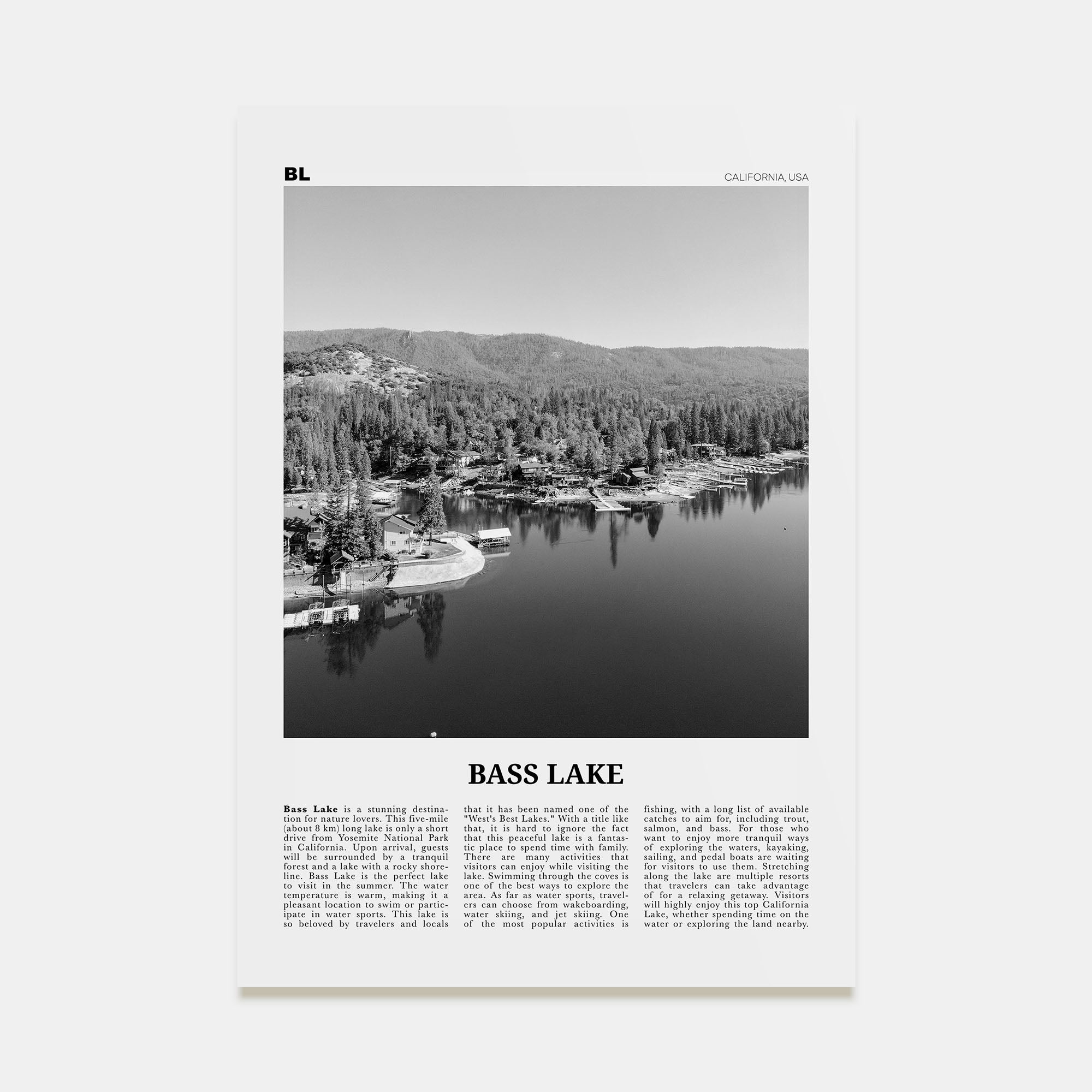 Bass Lake Travel B&W Poster