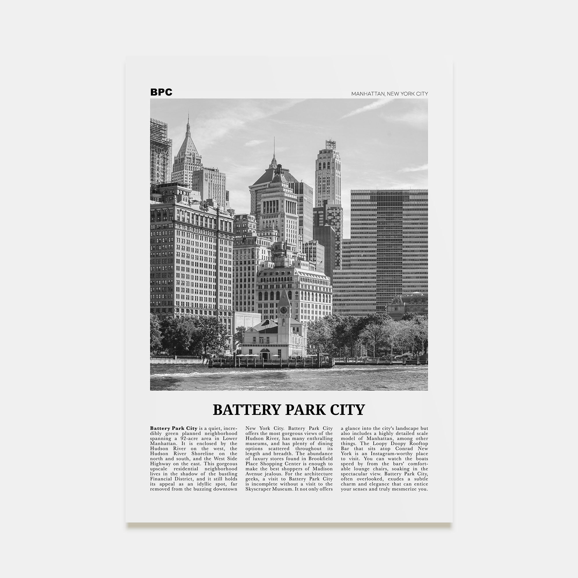Battery Park City Travel B&W Poster