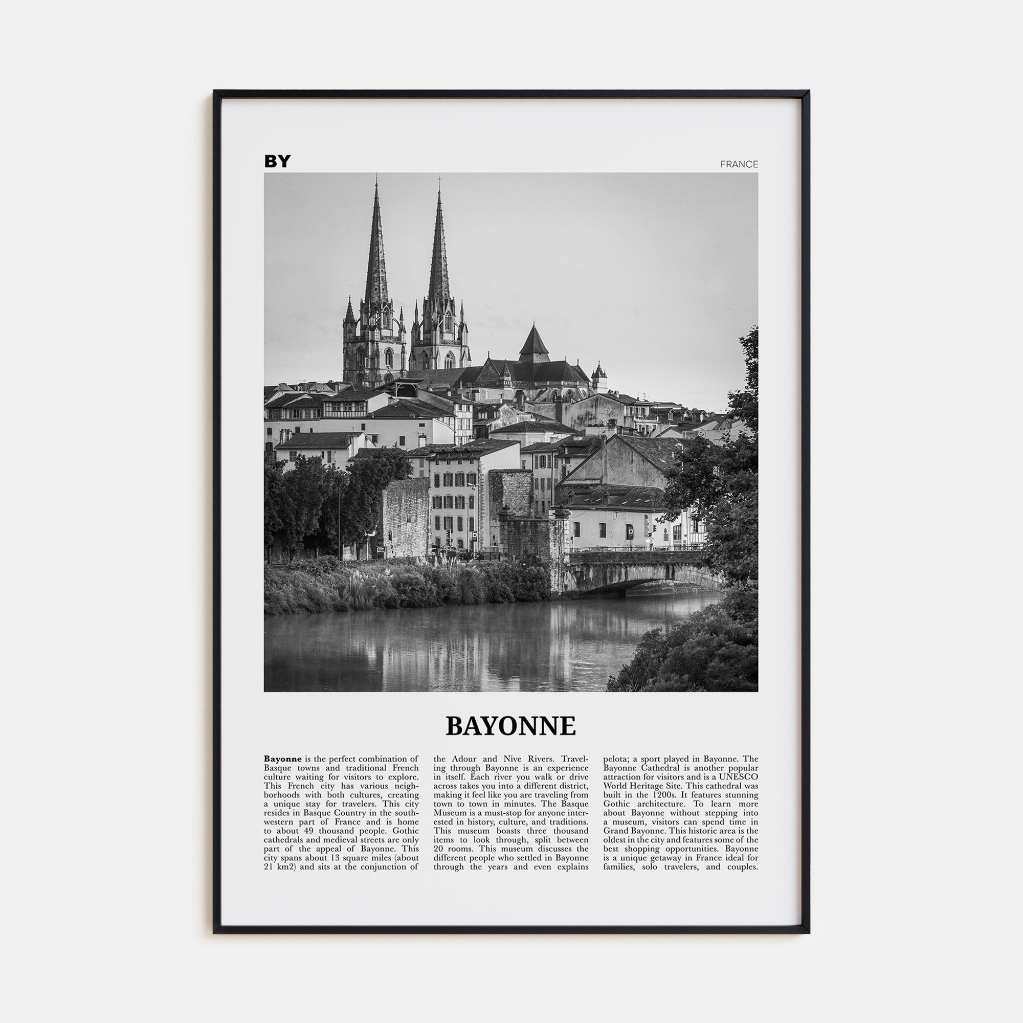 Bayonne, France Travel B&W Poster