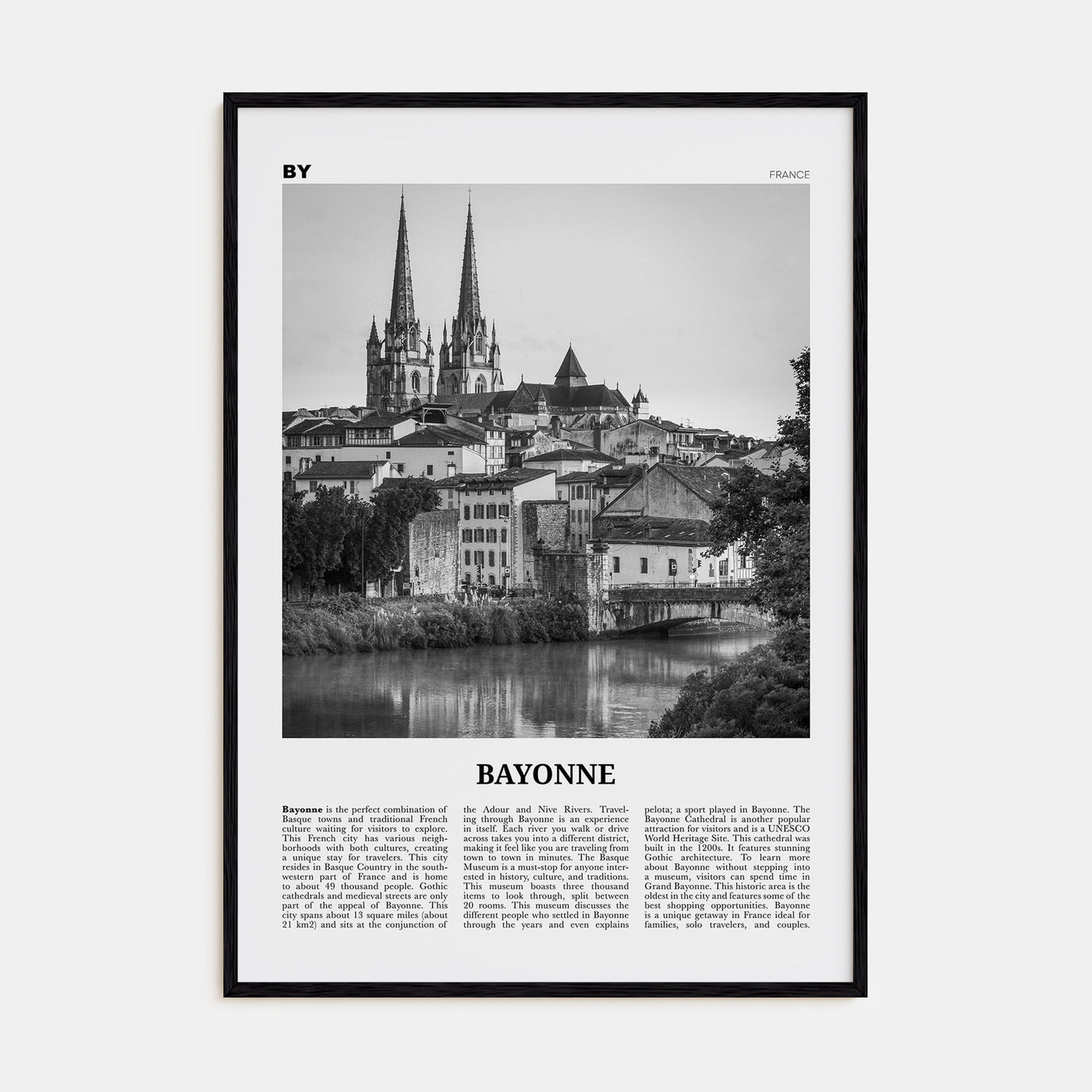 Bayonne, France Travel B&W Poster