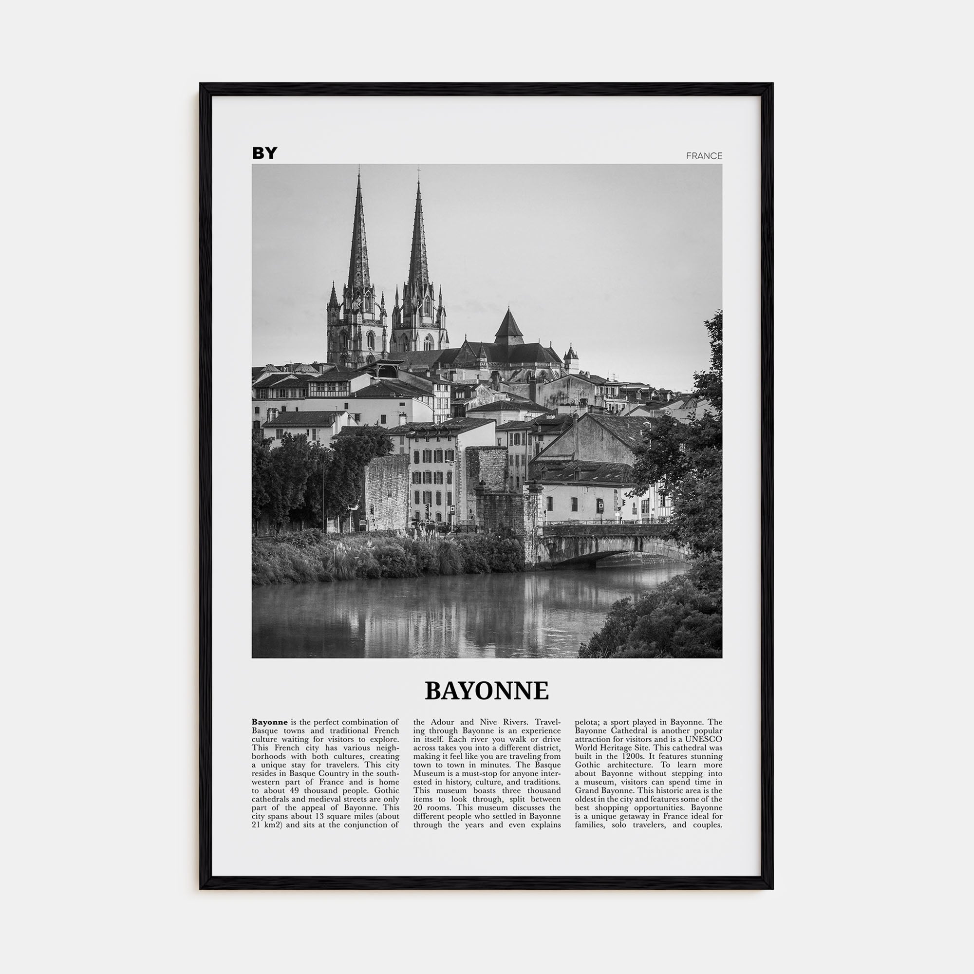 Bayonne, France Travel B&W Poster