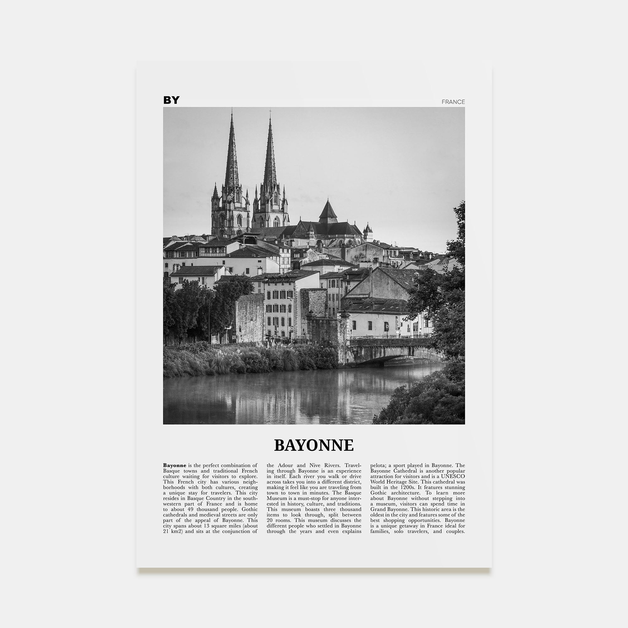 Bayonne, France Travel B&W Poster