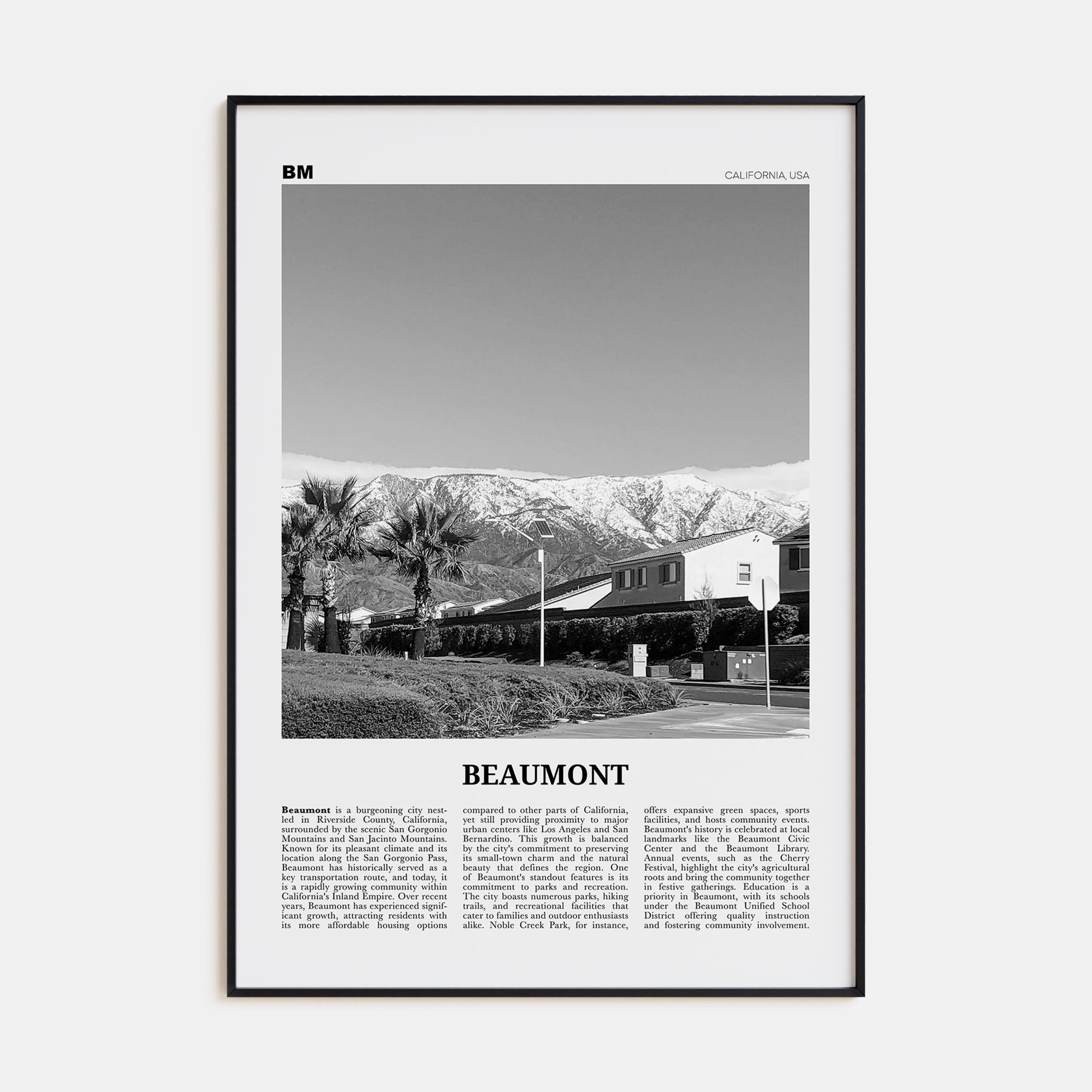 Beaumont, California Travel B&W Poster
