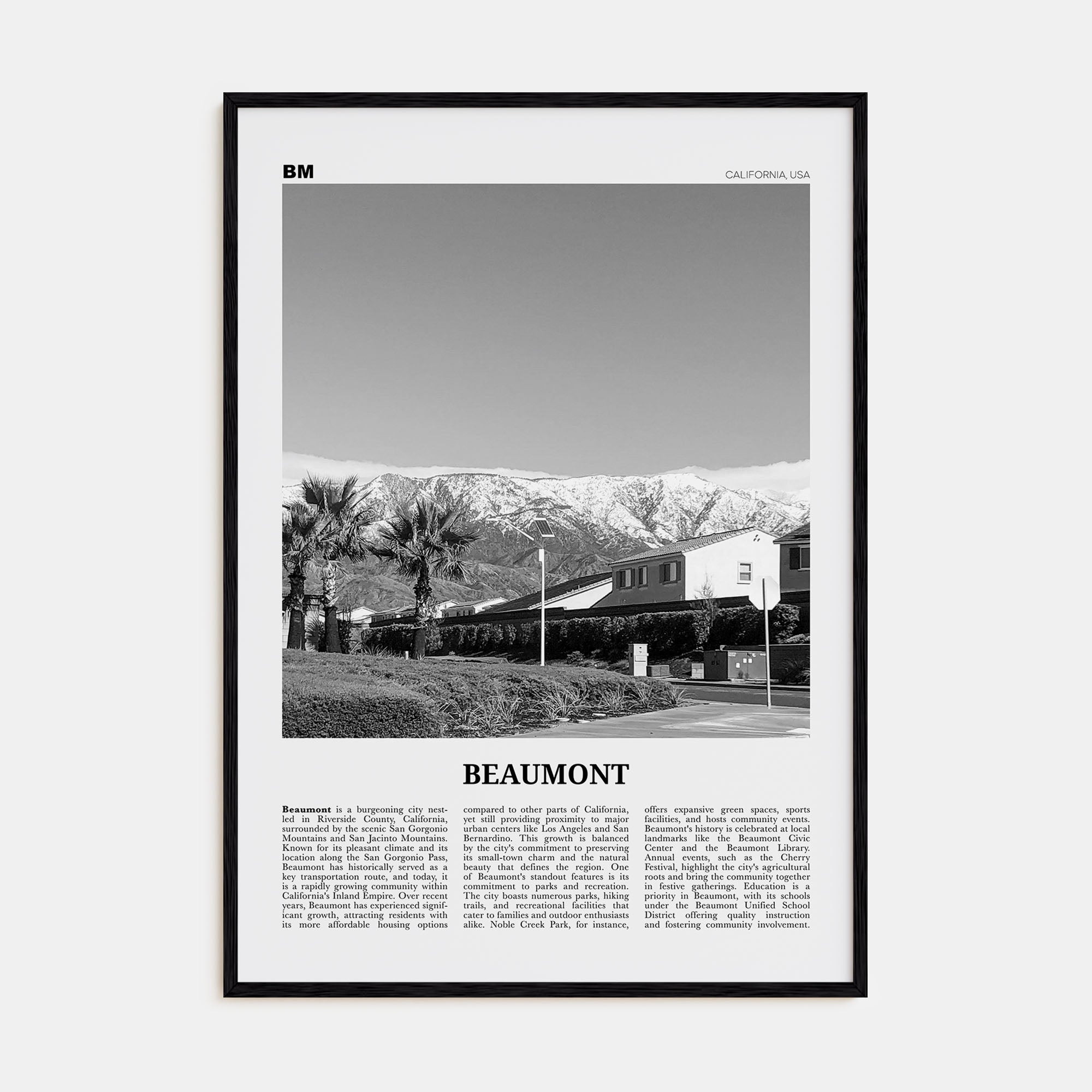 Beaumont, California Travel B&W Poster