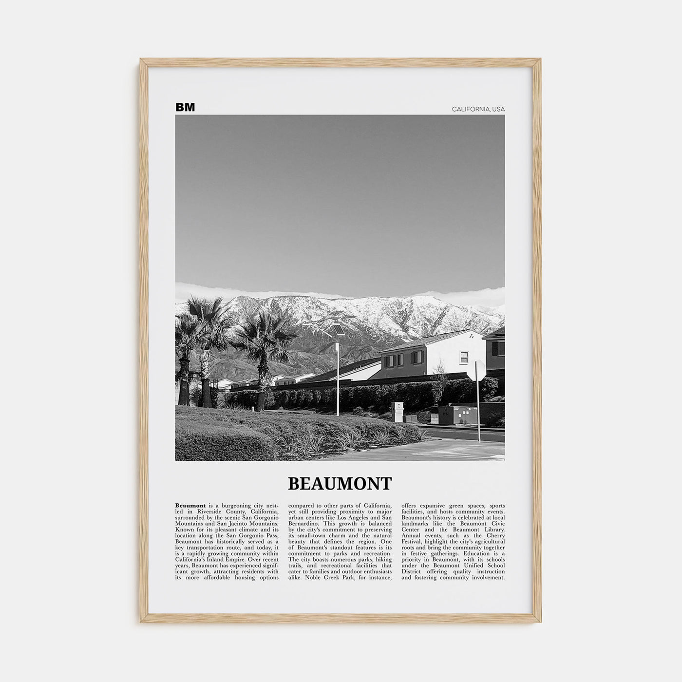 Beaumont, California Travel B&W Poster