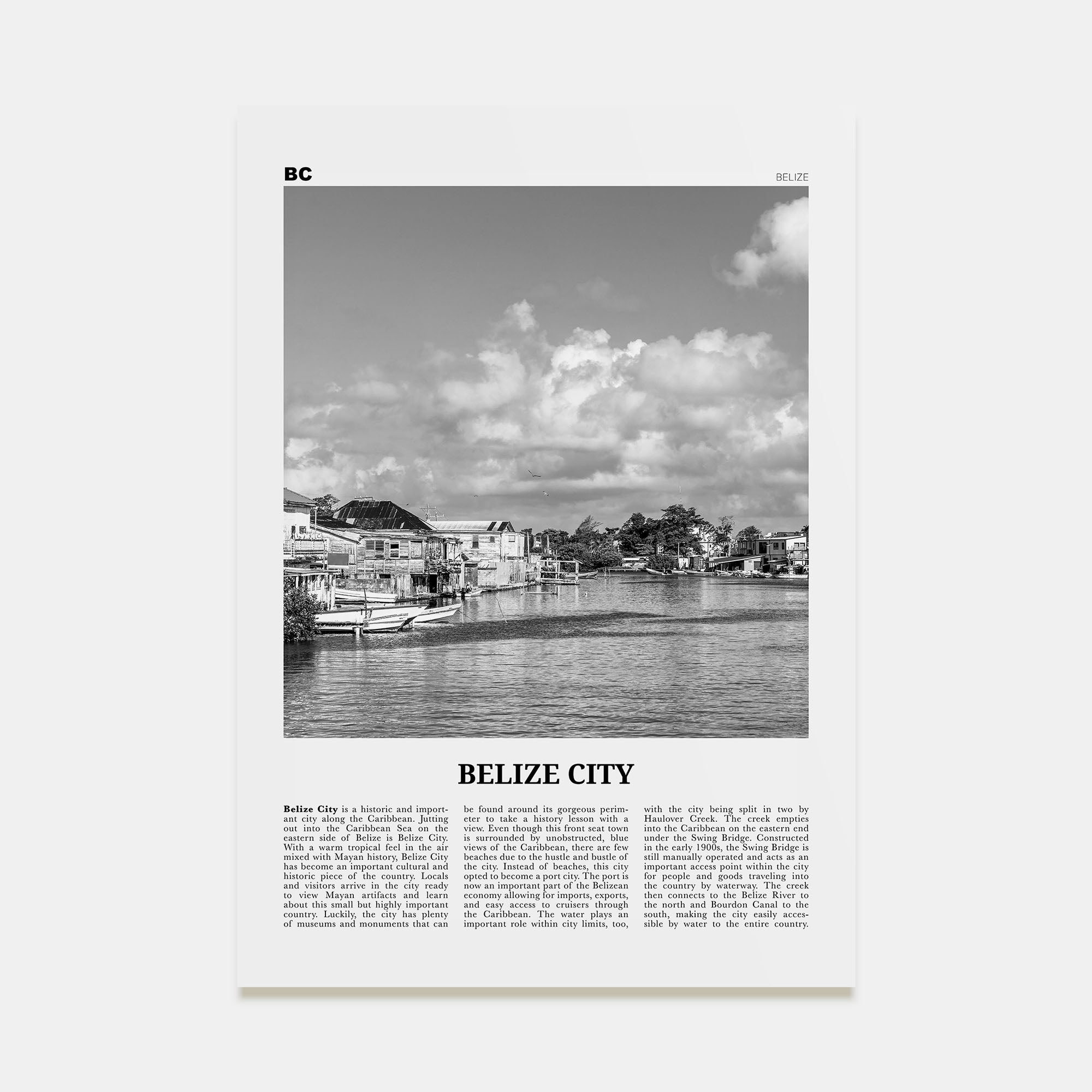 Belize City Travel B&W Poster