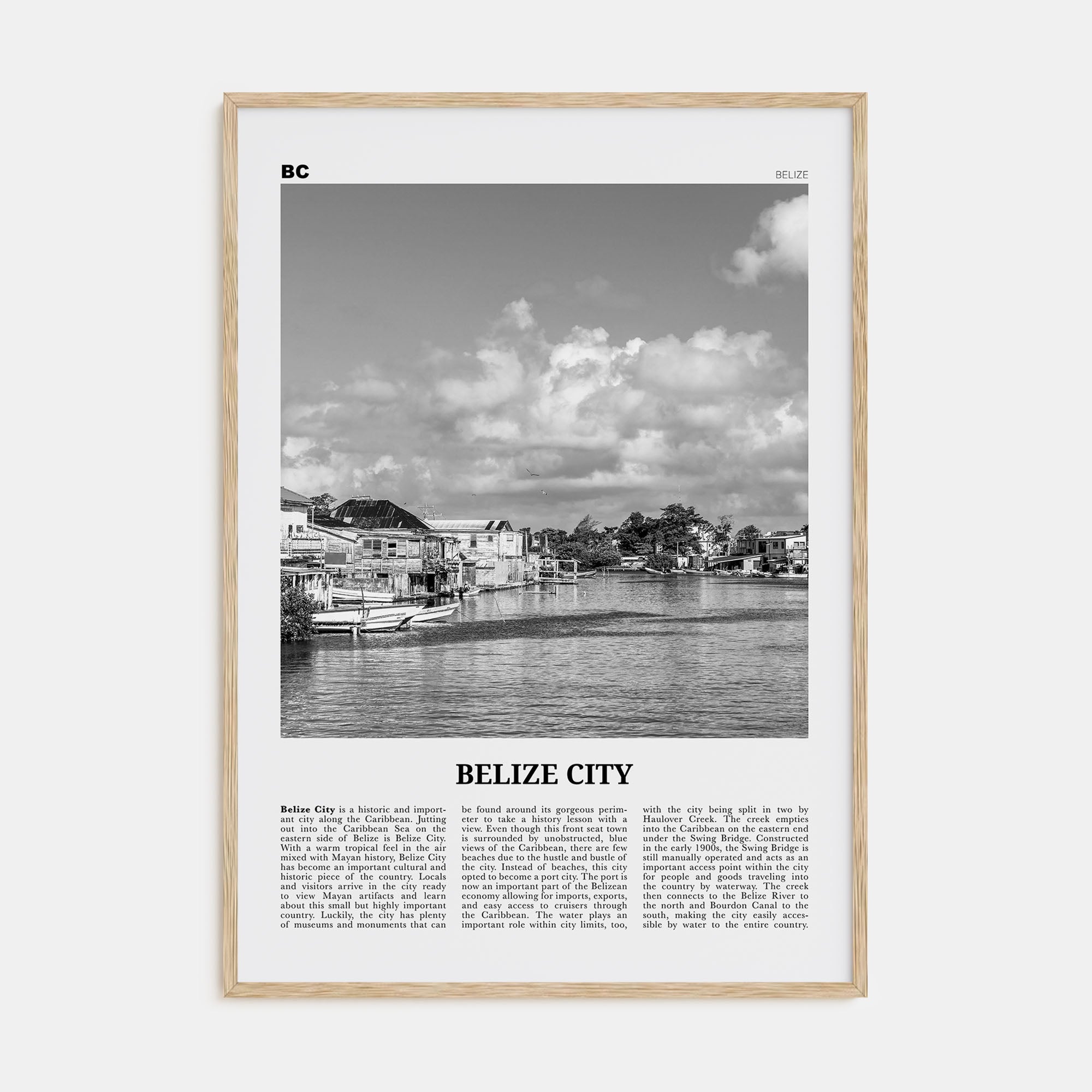 Belize City Travel B&W Poster