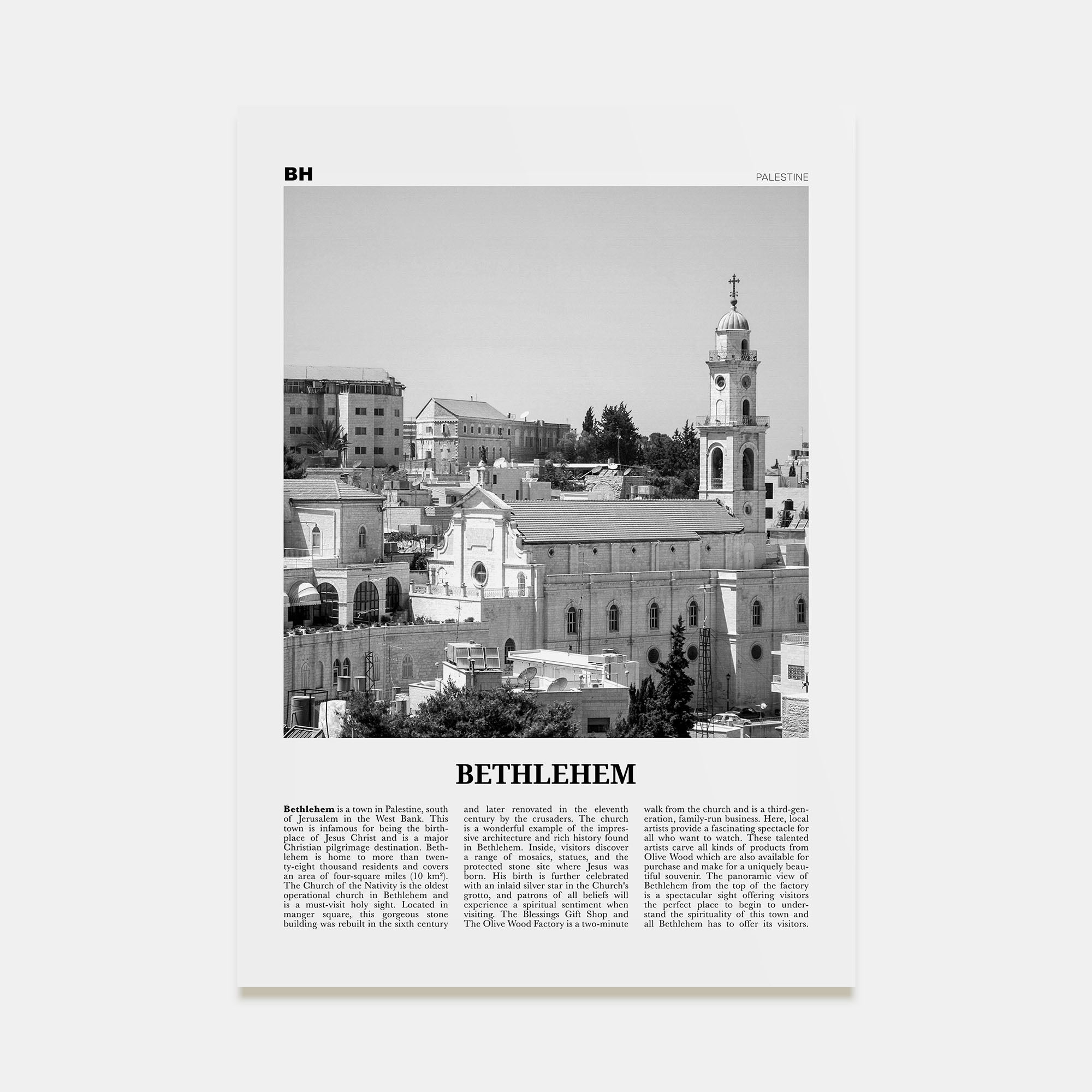 Bethlehem, Palestine Travel B&W Poster