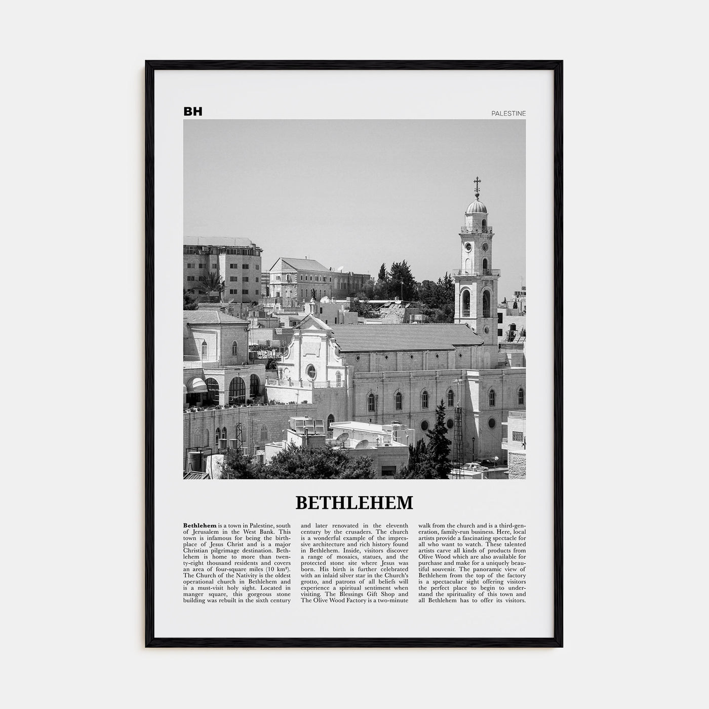 Bethlehem, Palestine Travel B&W Poster