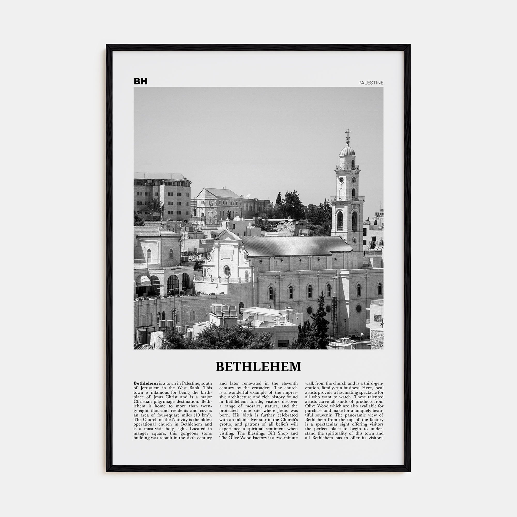 Bethlehem, Palestine Travel B&W Poster