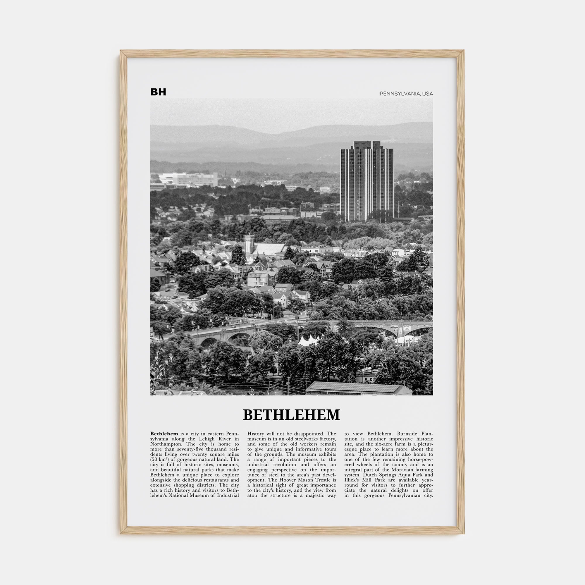 Bethlehem, Pennsylvania Travel B&W Poster