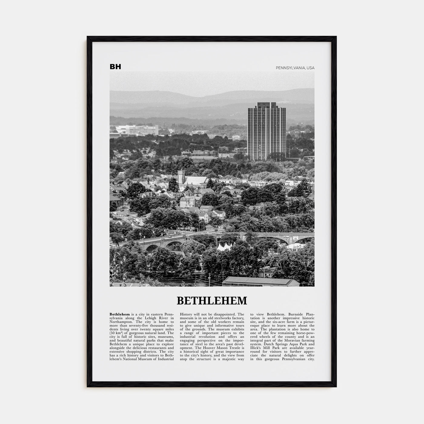 Bethlehem, Pennsylvania Travel B&W Poster