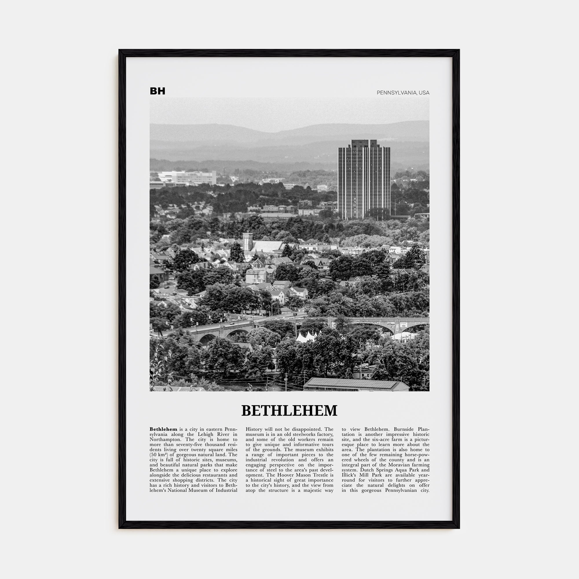 Bethlehem, Pennsylvania Travel B&W Poster