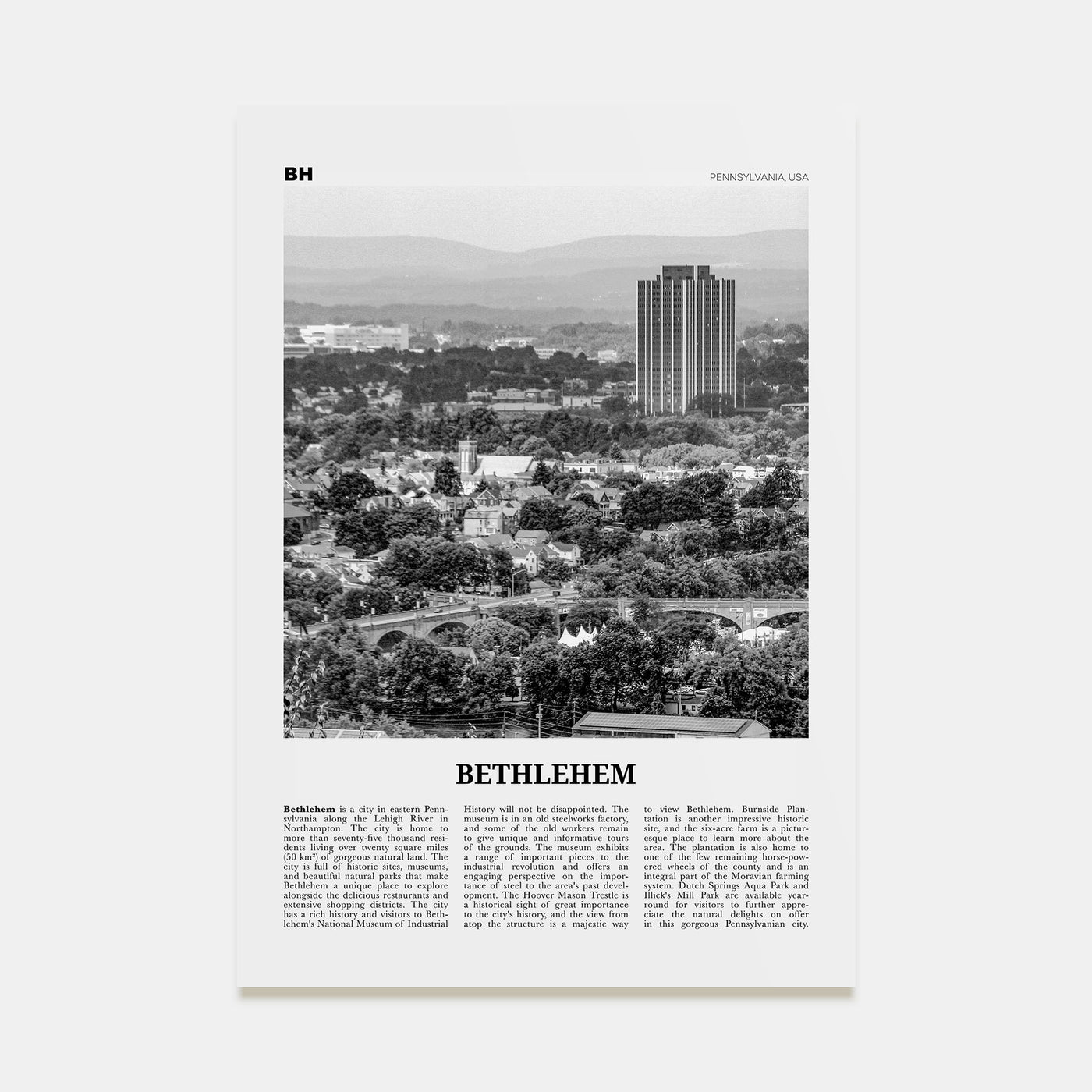 Bethlehem, Pennsylvania Travel B&W Poster