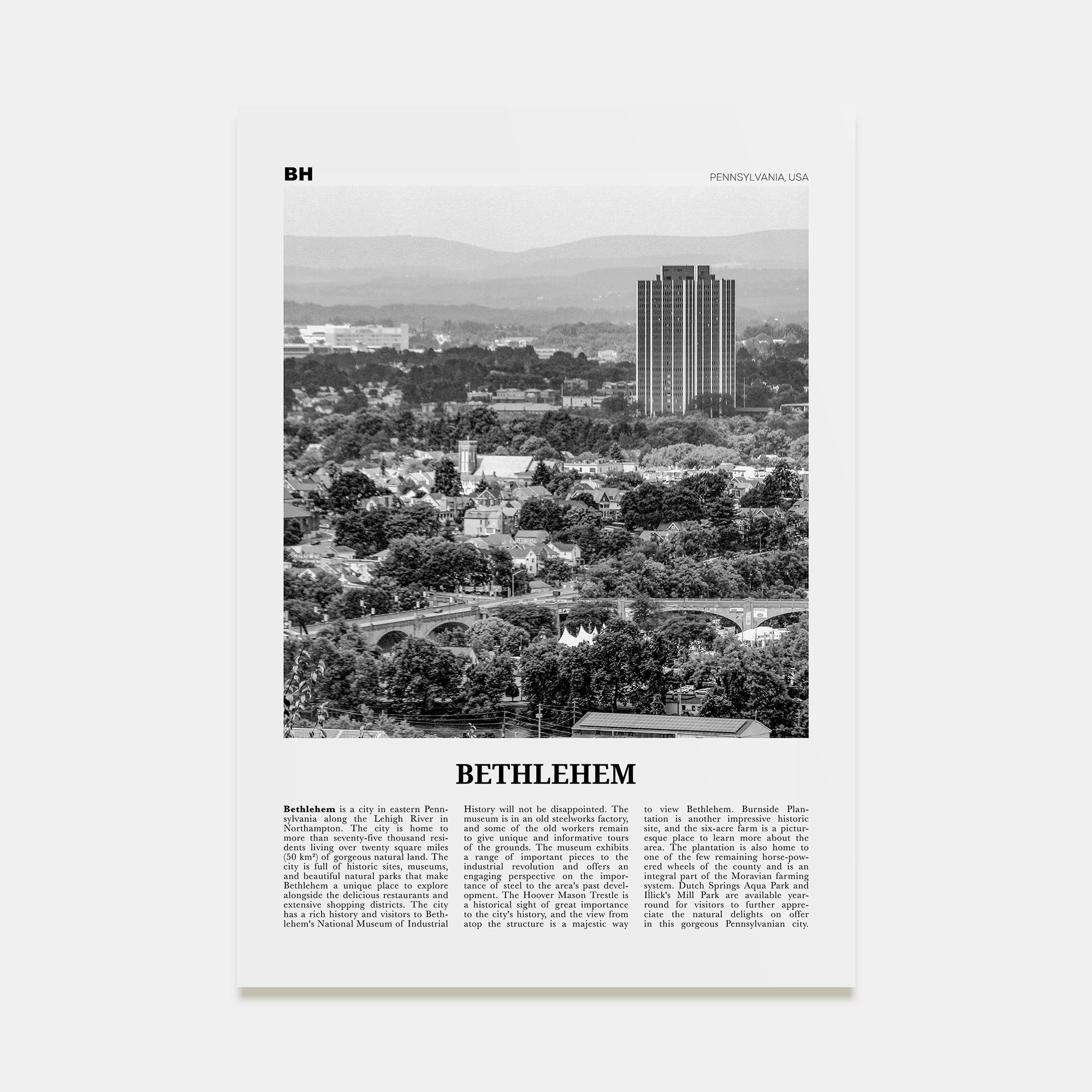 Bethlehem, Pennsylvania Travel B&W Poster