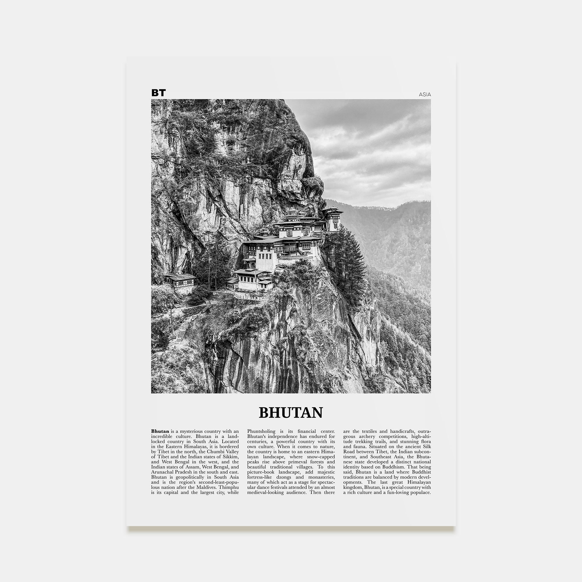 Bhutan Travel B&W Poster
